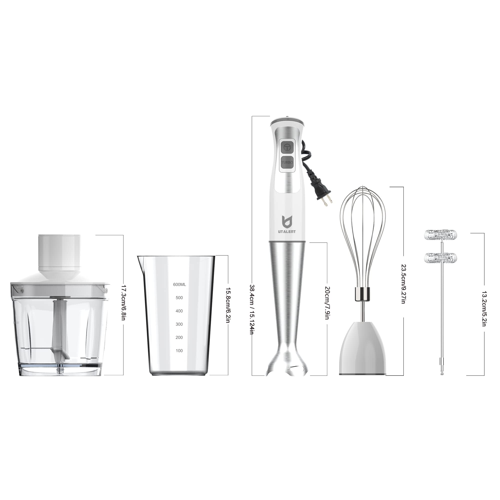 Utalent Immersion Hand Blender, 5-In-1 8-Speed Immersion Blender With 500Ml Food Grinder, 600Ml Container,Milk Frother,Egg Whisk,Puree Infant Food, Smoothies, Sauces And Soups White
