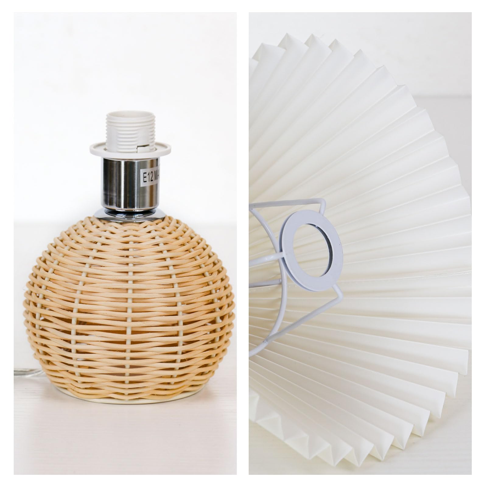 Kunjoulam Pleated Table Lamp, Modern Bedside Nightstand Lamp With Beige Lampshade Rattan Metal Base, Desk Light For Bedroom Living Room Home Office Decor With E12 Bulb