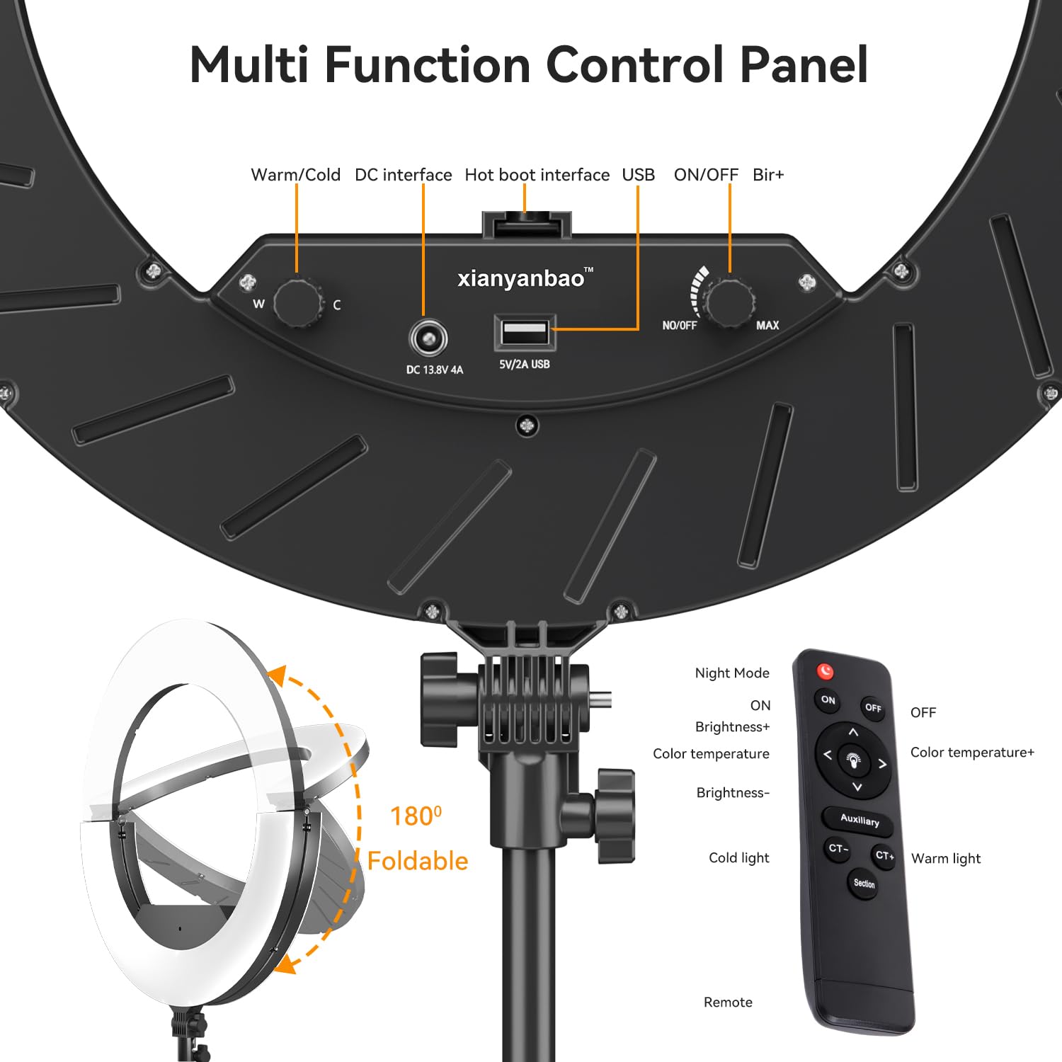 Xianyanbao 18 Inch Ring Light Kit, 55W6700K Dimmable Led Light, Tripod Stand, Remote Controller,Box,Cri95,Black