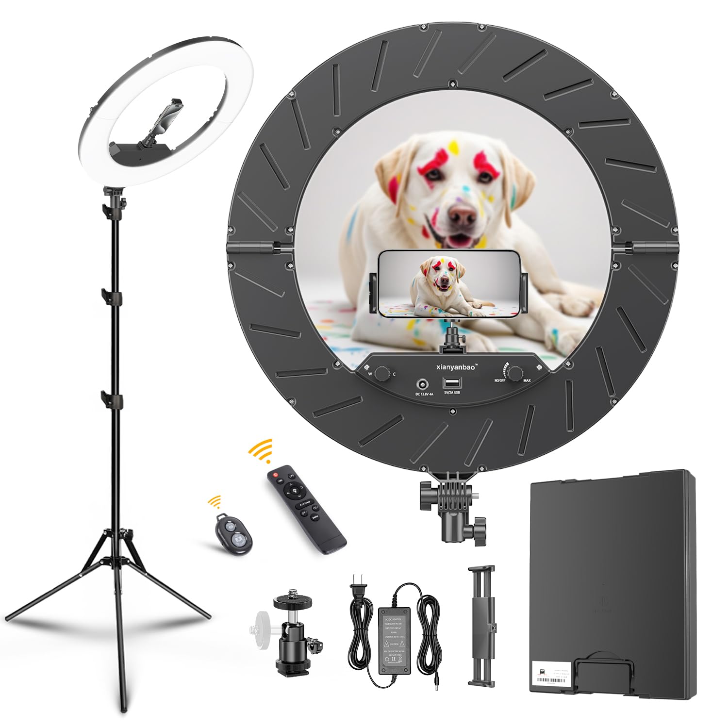 Xianyanbao 18 Inch Ring Light Kit, 55W6700K Dimmable Led Light, Tripod Stand, Remote Controller,Box,Cri95,Black