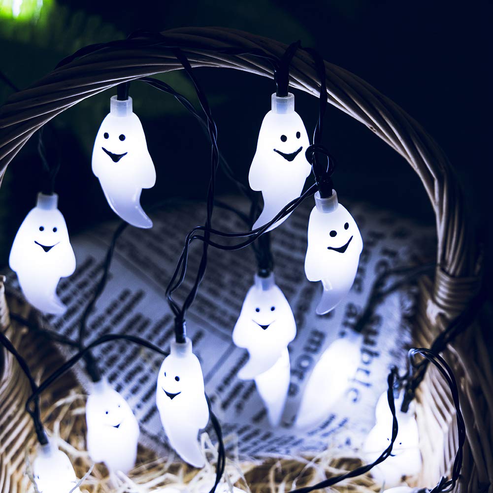 Qunlight Solar String Lights, Halloween Decoration, 8 Modes 2Pack 20Ft 30 Led Waterproof Outdoor Decorative Ghost Fairy For Patio, Garden, Gate, Yard, Halloween Christmas Decoration