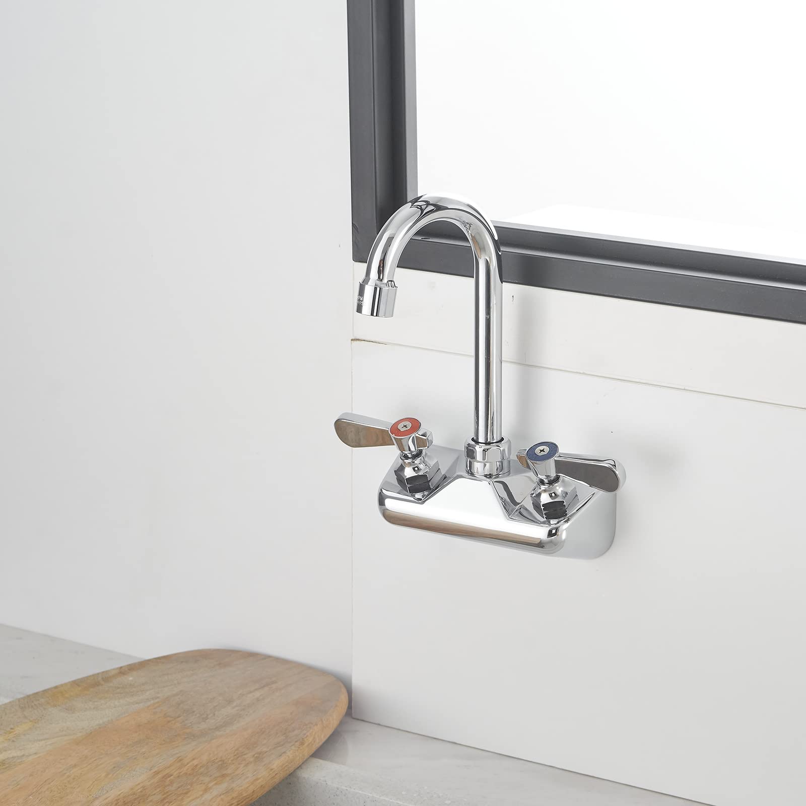 Bathfinesse Kitchen Sink Faucet Wall Mount 4" Center Commercial Kitchen Sink Faucet With 3-1/2" Gooseneck Spout Two Lever Handles Brass Constructed Mixer Tap Chrome Polished
