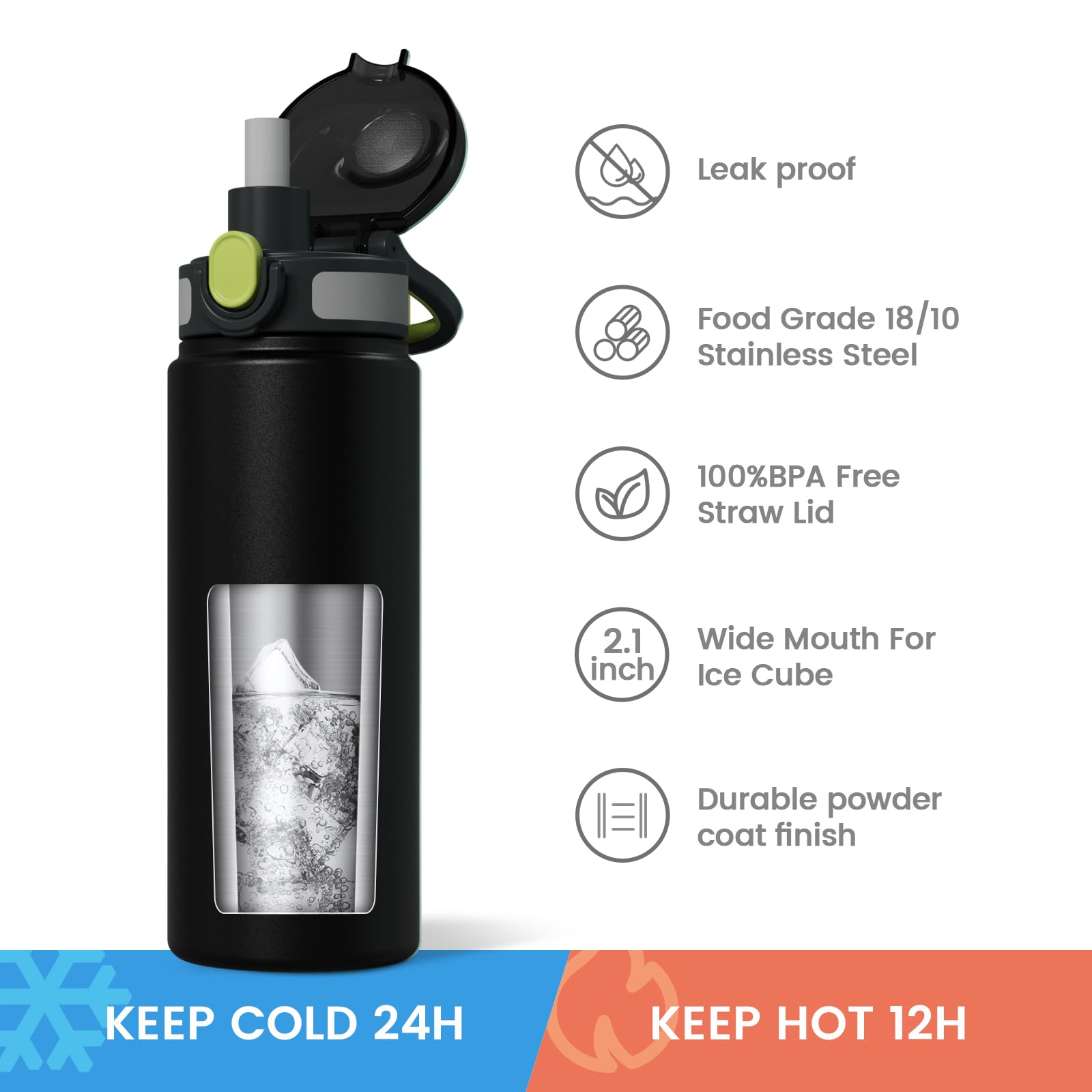 Insulated Water Bottle With Straw - 24 Oz Vacuum Stainless Steel Water Bottle, Leak Proof Locking