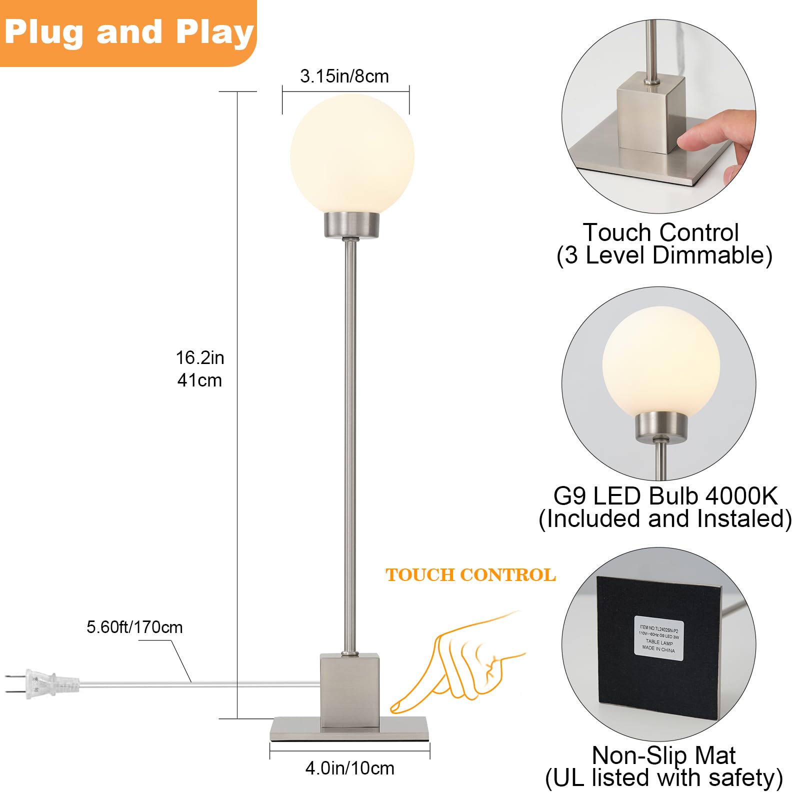 Doraloko Touch Lamps For Nightstand, Small Silver Dimmable Table Lights, 3-Way Control Bedside Desk Lighting, Satin Nickel Modern Accent Home Decor, Plug In And Play, G9 Bulb Installed(Brushed Steel, Pack 2)