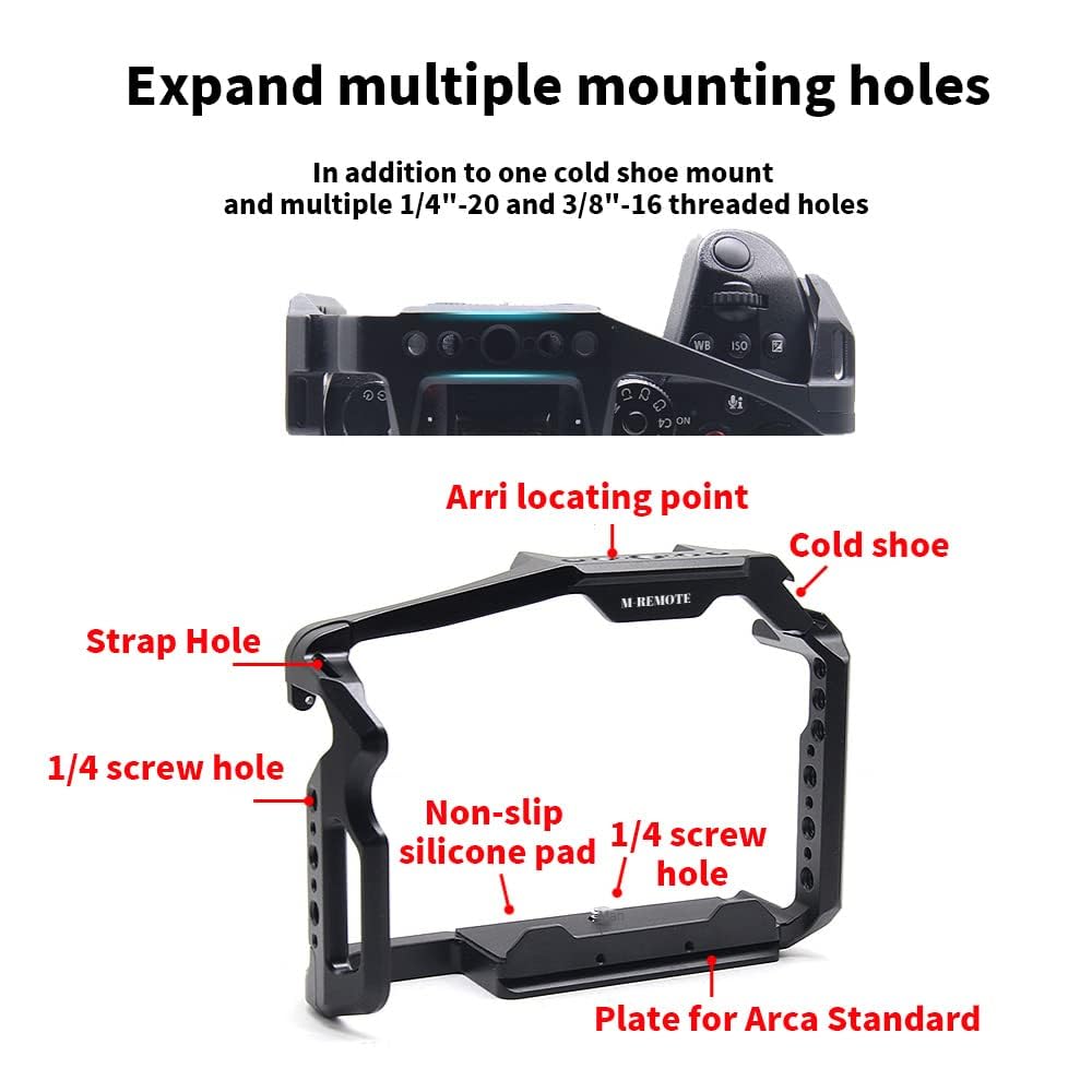 M-Remote Gh6 Aluminum Alloy Video Camera Cage For Lumix Gh6 W Cold Shoe Mount 1/4&3/8 Inch Screw Holes Full Dslr Camera Cage Rig