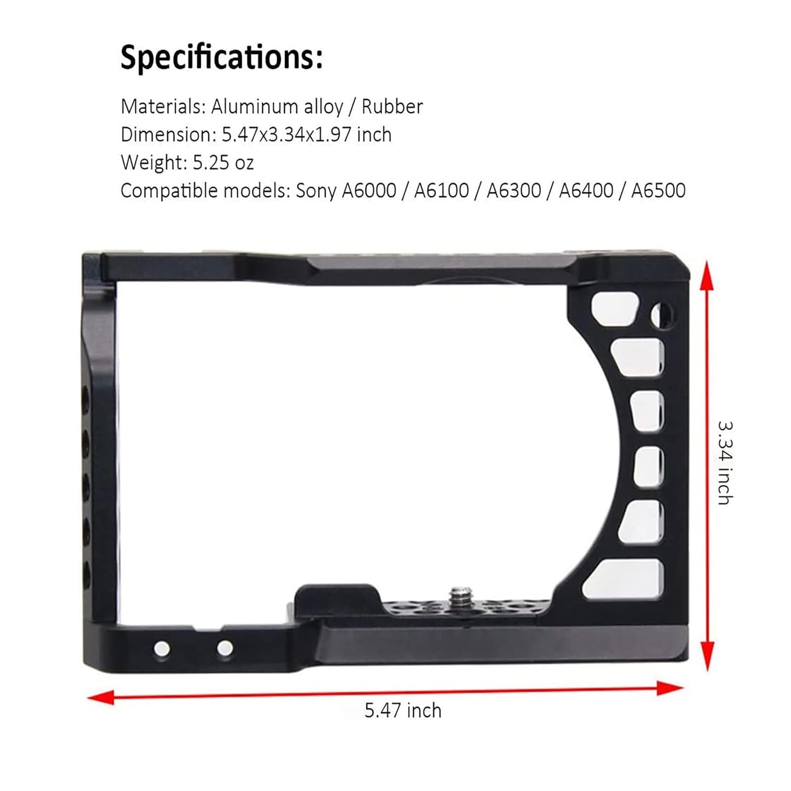Topcine Camera Cage Video Stabilizer For Sony A6500 A6400 A6300 A6000 A6100 Cameas With Cold Shoe,Handle Locating Holes,Multiple 1/4" 3/8" Screw Holes (Single Cage)
