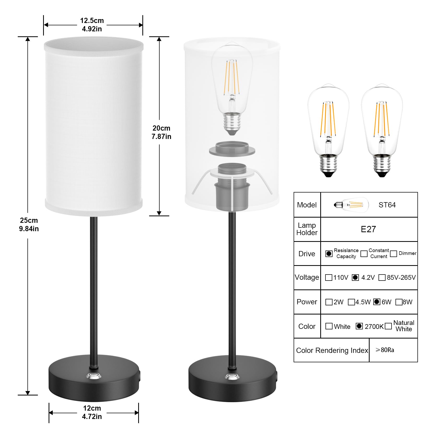 Lundwa 2-Pack Cordless Led Table Lamps 6000Mah Rechargeable Lamp Battery Operated Table Lamp Portable Desk Lamp With Fabric Shade, Stepless Dimming Bedside Night Lamp For Bedroom, Office, Restaurant (Black)