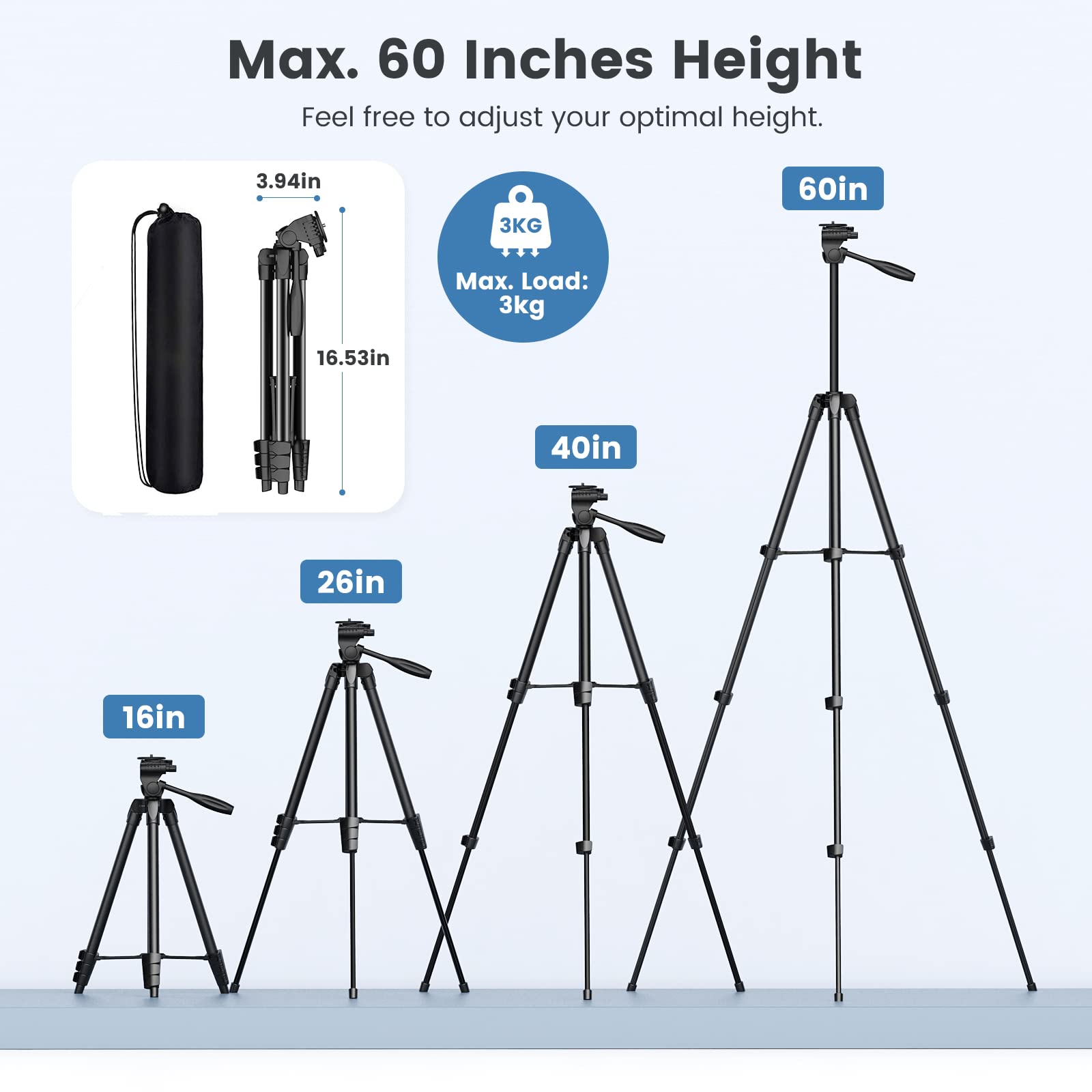 Moko 60" Camera Tripod For Canon Nikon, Lightweight Aluminum Dslr Camera Stand Holder With Carrying Bag, Universal Phone Tablet Mount And Wireless Remote, Max Load 6.61 Lbs, Black
