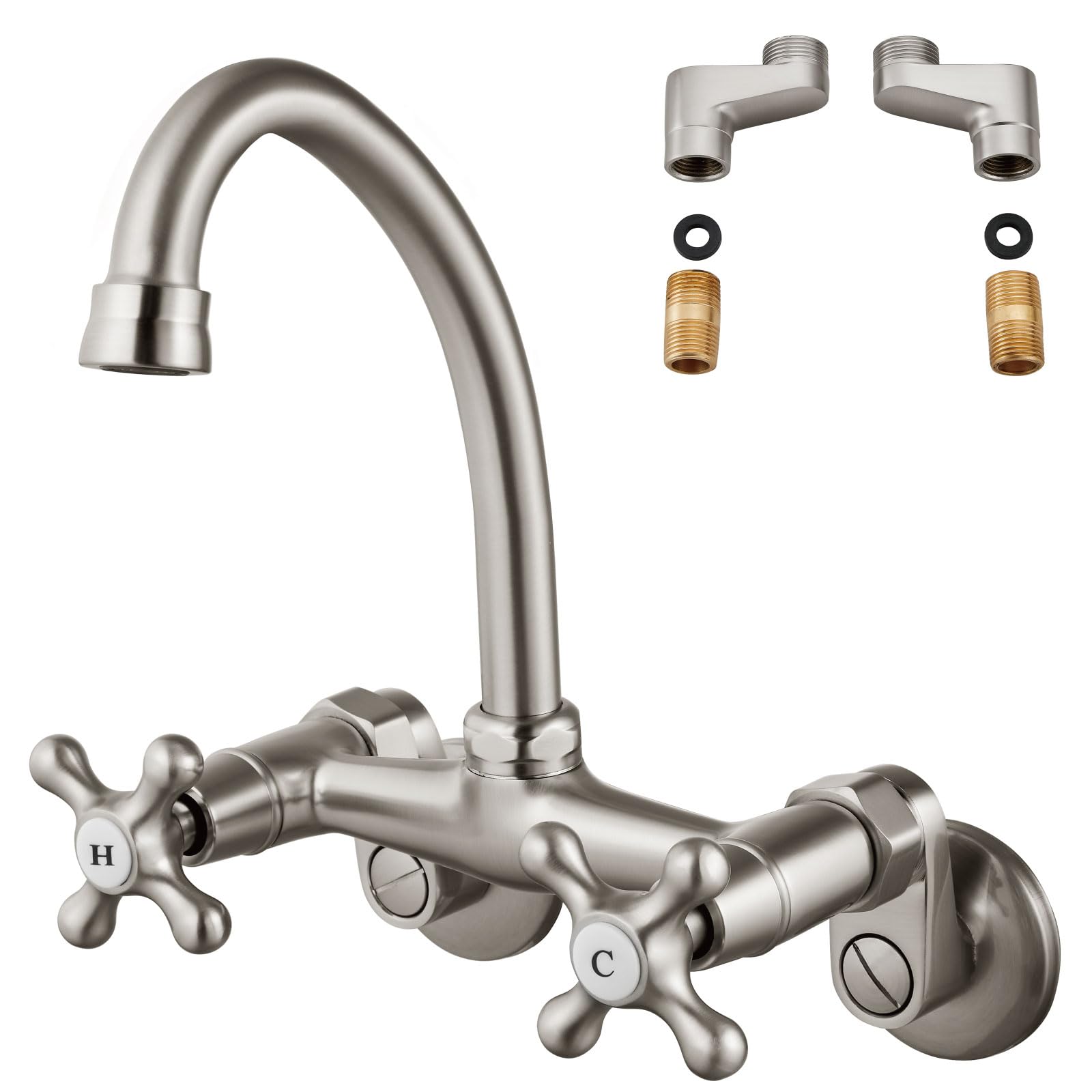 Aolemi Wall Mount Kitchen Faucet 6 Inch Center With Swivel Spout Adjustable Spread 2 Cross Handle Basin Sink Mixer Tap, Brushed Nickel, H&C Label