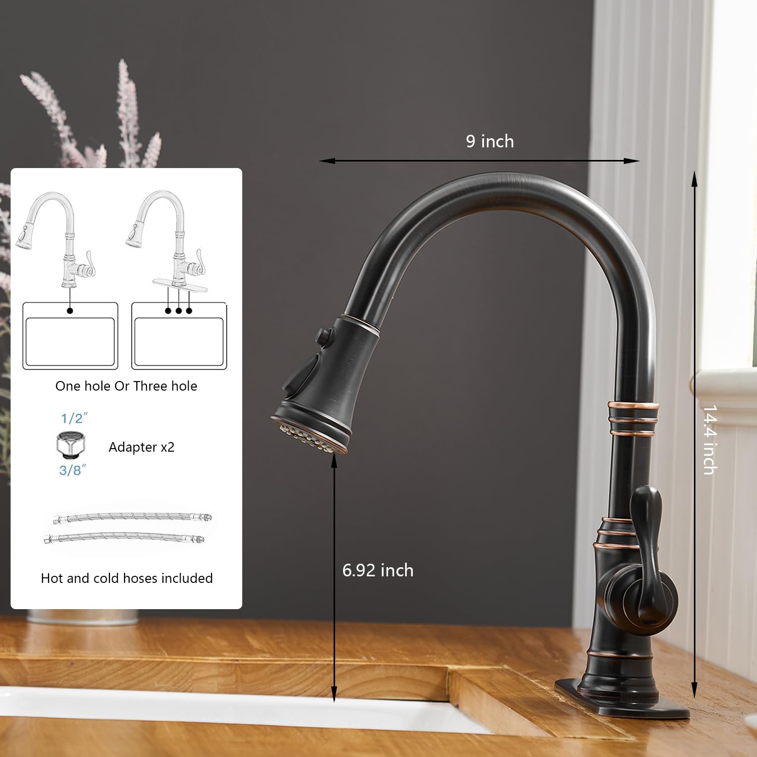 Bwe Oil Rubbed Bronze Kitchen Faucet With Pull Down Sprayer, 3 Spray Modes, Single Handle High Arc Kitchen Sink Faucets With Deck Plate Commercial Bar Farmhouse Pull Out Sprayer