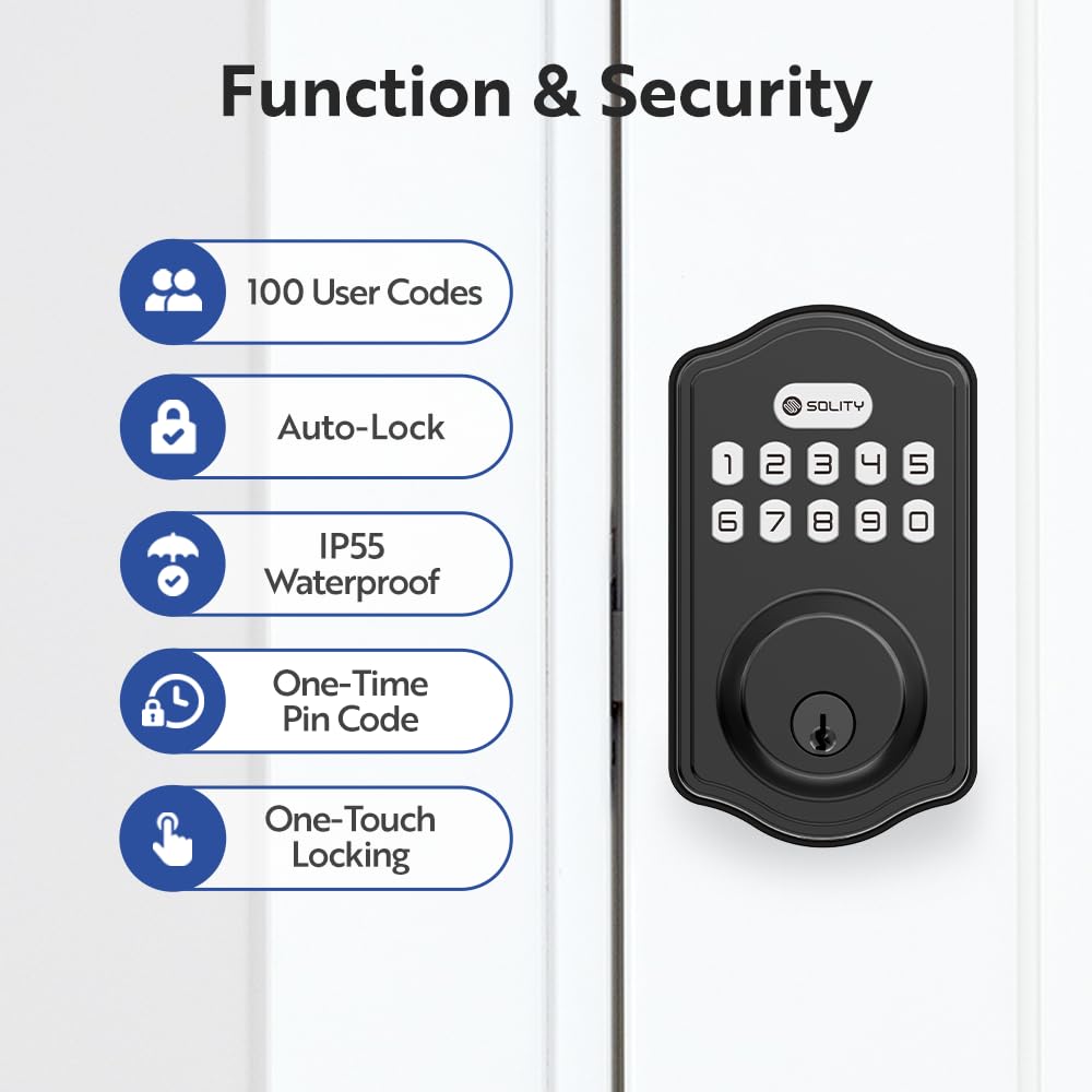Solity Smart Digital Electronic Deadbolt Door Lock, Keyless Entry, Auto Lock, 100 Custom Codes, Easy Installation, Keypad For Front & Back Door, Residential & Commercial, At1, Matte Black