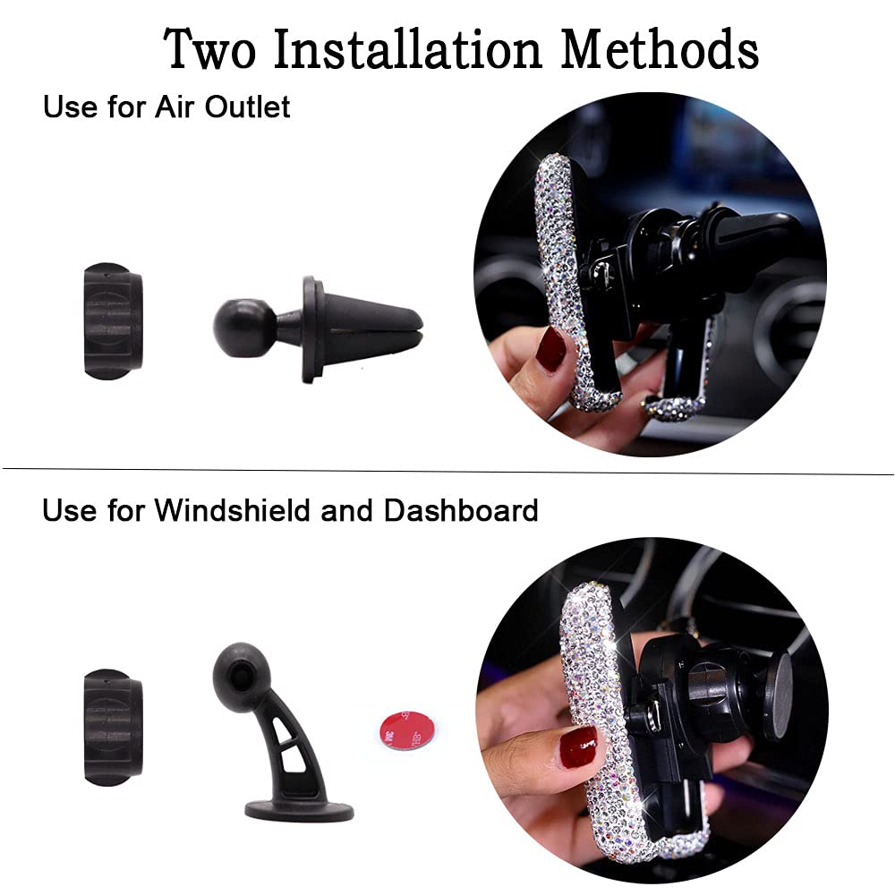 Suncaraccl Bling Car Phone Holder Mini Dash Air Vent Automatic Mount Universal 360°Adjustable Crystal Auto Stand Accessories For Women And Girls (Black)