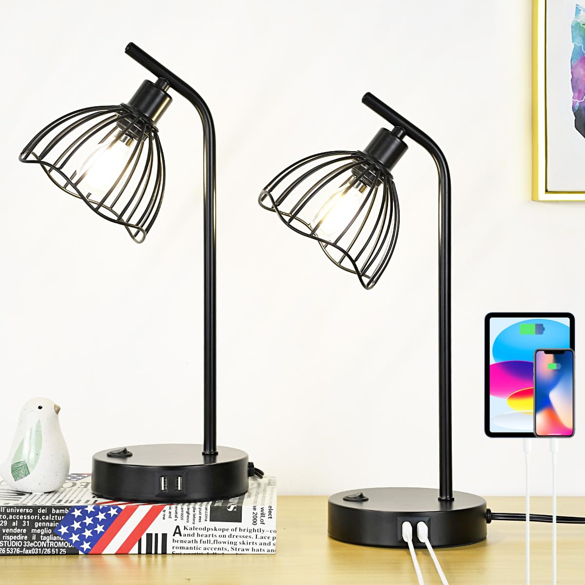 Lampwell Lucia Black Usb Table Lamp With Usb Port Set Of 2,Modern Bedside Night Table Lamp For Living Room Bedroom,8.27×5.51×H15.75In,Bulb Include
