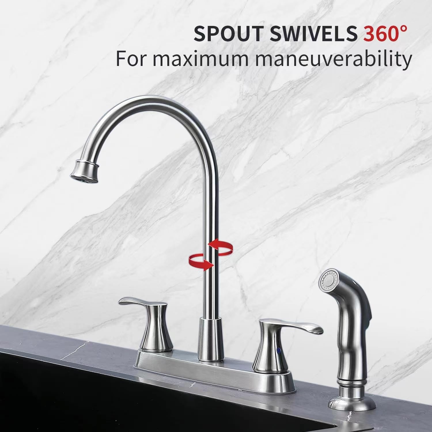 Gowin Brushed Nickel Kitchen Sink Faucet With Side Sprayer, Two Handle High Arc 4 Holes 8 Inch Centerset Stainless Steel Kitchen Sink Faucet With Pull Out Sprayer,Grifos De Cocina