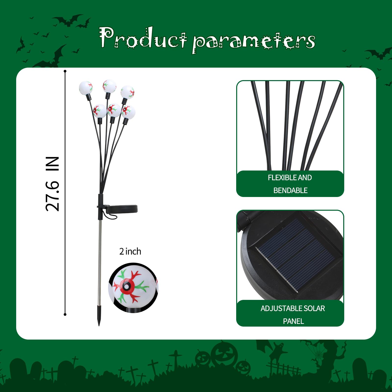 Mououso Solar Halloween Lights，2 Pack Green Halloween Eyeball Lights Outdoor, Solar Firefly Lights Swaying By Wind With 2 Modes Halloween Pathway Lights For Patio Yard Garden Halloween Decorations