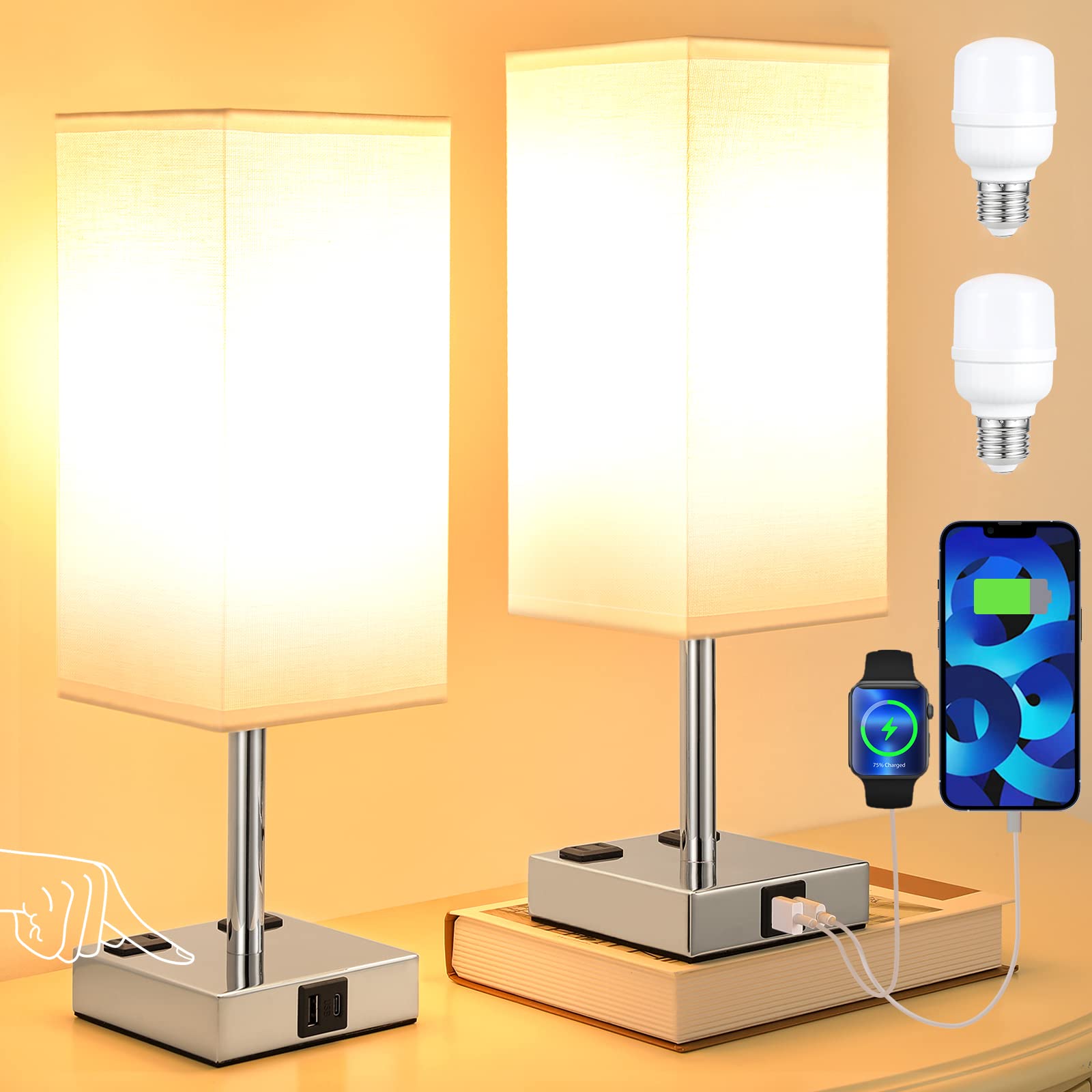 Aooshine Set Of 2 Touch Nightstand Lamp With Usb-C+A Charge Ports& Ac Outlets, 3-Way Dimmable Bedside Lamp With White Fabric Shade,Small Table Lamp For Bedroom Guest Room(Bulb Included)