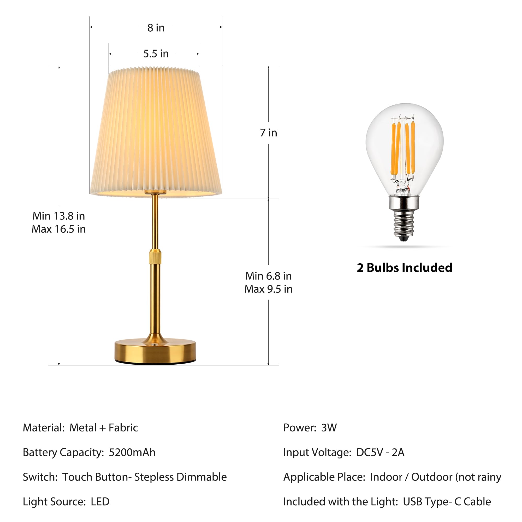 Hiseego Cordless Table Lamp, 2 Bulbs Included & Fabric Shade Adjustable Decorative Lamp, 5200Mah Rechargeable Battery Operated Dimmable Touch Lamp For Kitchen, Living Room, Bedroom, Bar(Gold)
