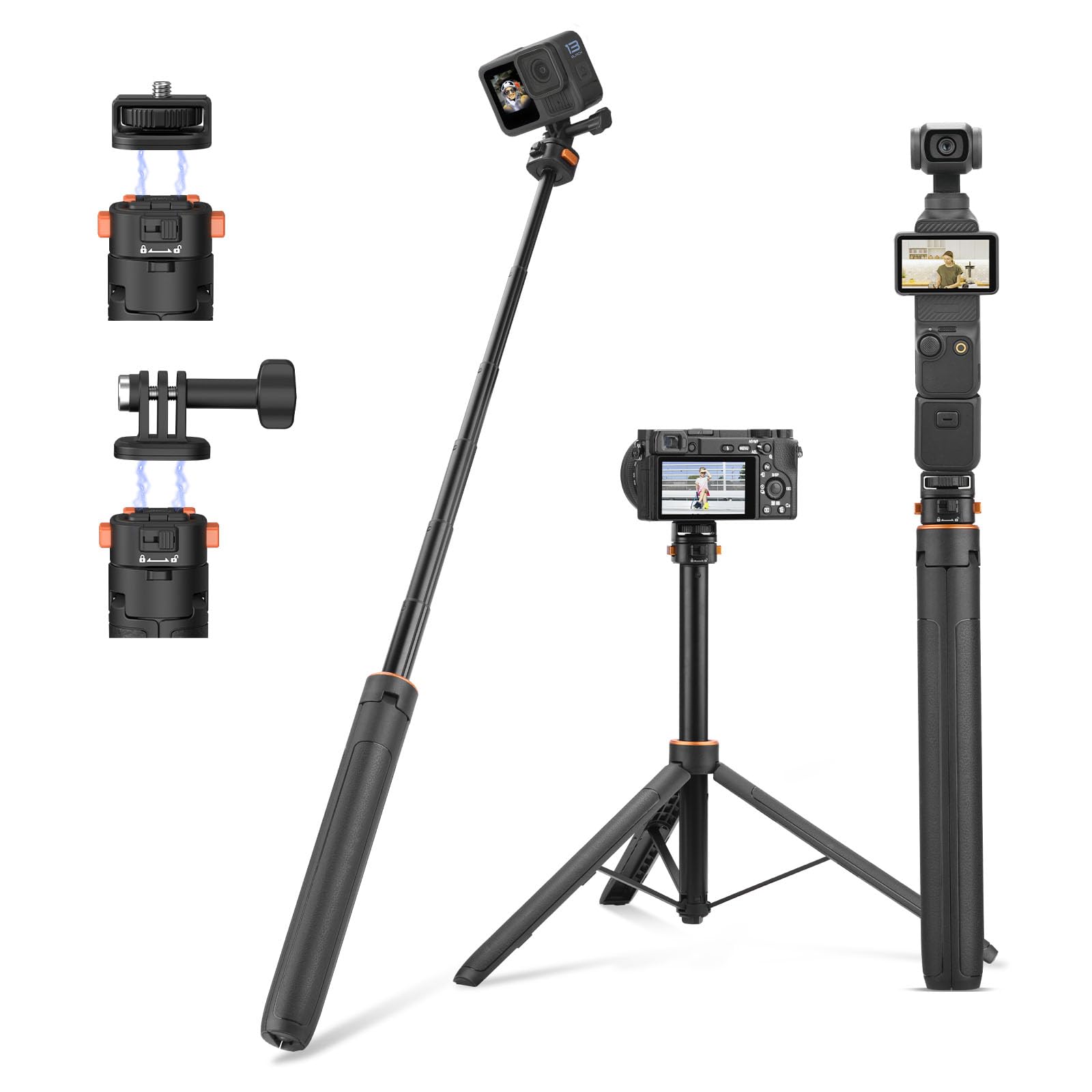 Brdrc 64In Pocket 3 Selfie Stick Tripod For Gopro Camera, Extendable Stand With Quick Release 1/4'' Screw Vlog For Dji Osmo Pocket 3 Action 5 Pro 4 3 For Insta360 X4 X3 X2 For Akaso Dslr Accessories