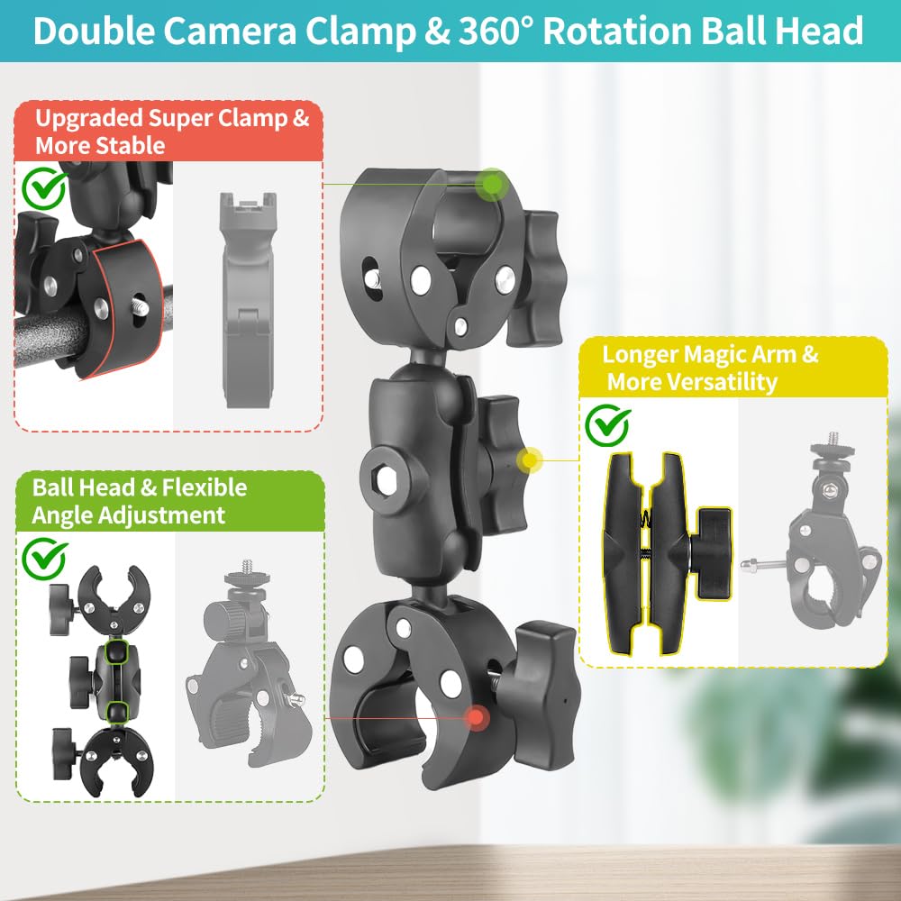 Jebutu Double Clamp Mount With 360°Magic Arm Umbrella Pole Clamp For Chair Monitor Desk Photo Studio Light Stand, Photography Reflector, Strollers, Motorcycle, Flag Holder Mount, Cross Bar, Photo Boom Stand