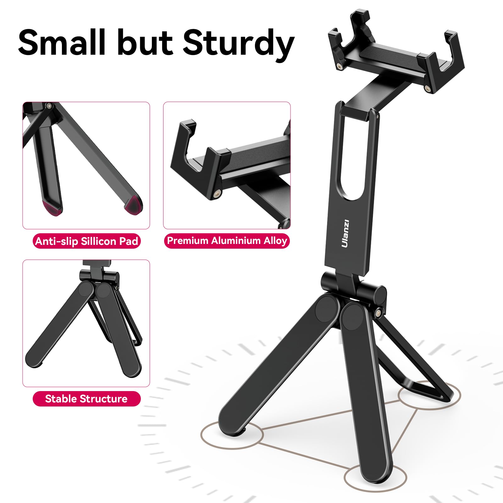 Ulanzi Ma26 Foldable Phone Tripod - Pocket Cell Phone Vlog Video Tripod Handle Aluminium Smartphone Desk Stand 2 Cold Shoe Small Size All In One Lightweight Portable Vlog Stick For Iphone Samsung