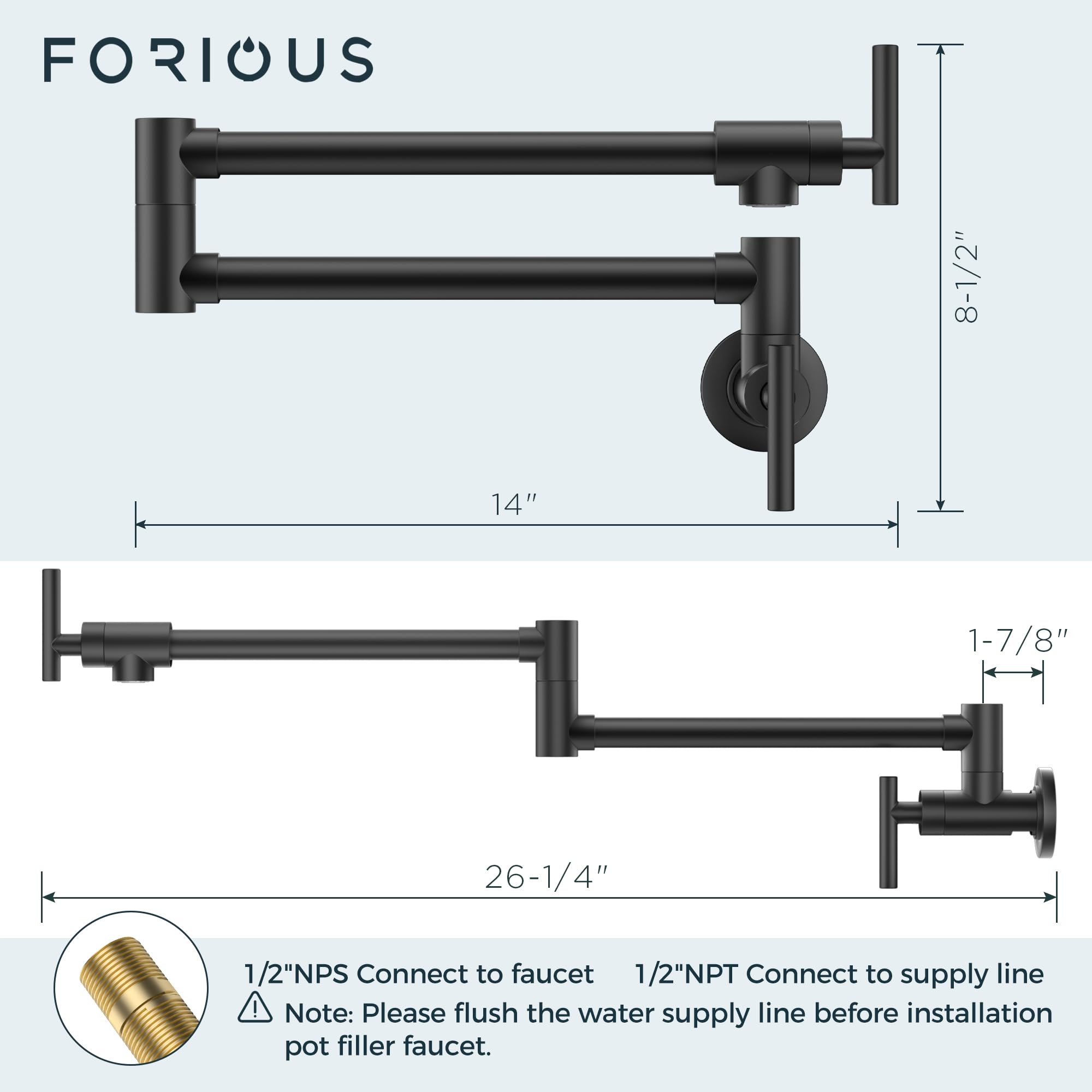 Forious Black Pot Filler Faucet Over Stove, Solid Brass Modern Wall Mount Commercial Folding Faucet With Stretchable Double Joint Swing Arms For Kitchen Restaurant