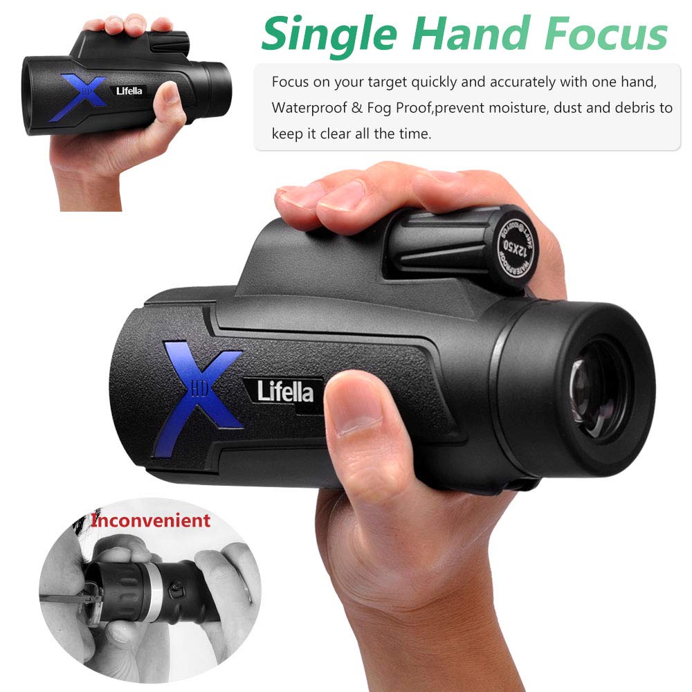 Lifella 12X50 High-Power Monocular Telescope With Portable Bag - Ideal For Bird Watching, Hunting, Hiking, Camping - Large Vision With Bak4 Prism And Fmc Lens Technology, Black