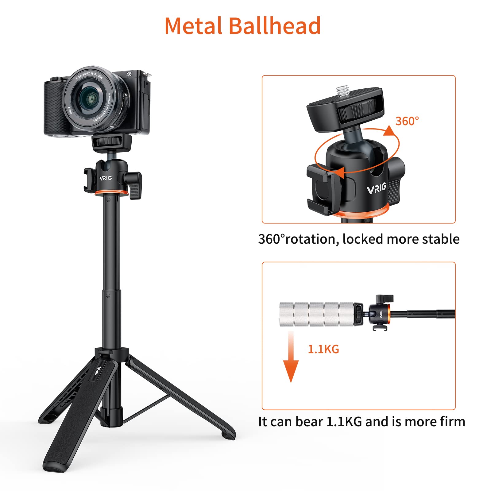 Vrig Select Uurig 21.6" Extension Pole Tripod, Mini Selfie Stick Tripod Stand Handle Grip For Dji Osmo Pocket 3 Webcam Canon G7X Mark Iii Sony Zv-1 Rx100 Vii A6400 A6600 Cameras Vlogging