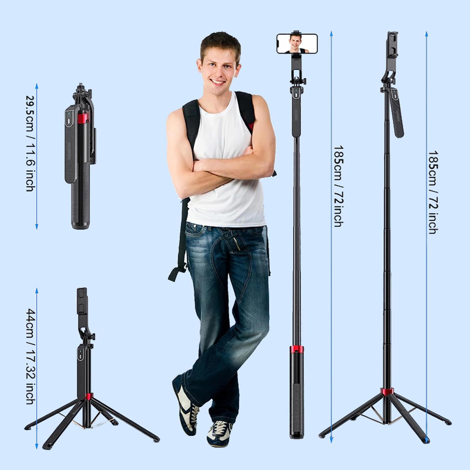 Peujteo 72", Selfie Stick Tripod, All-In-1 Celly Phone Stand,With Remote,Handheld Gimbal,For Video Recording,Take Photos,Travel,Vlogging, Live Streaming,Extendable For Iphone/Android (Aluminum)
