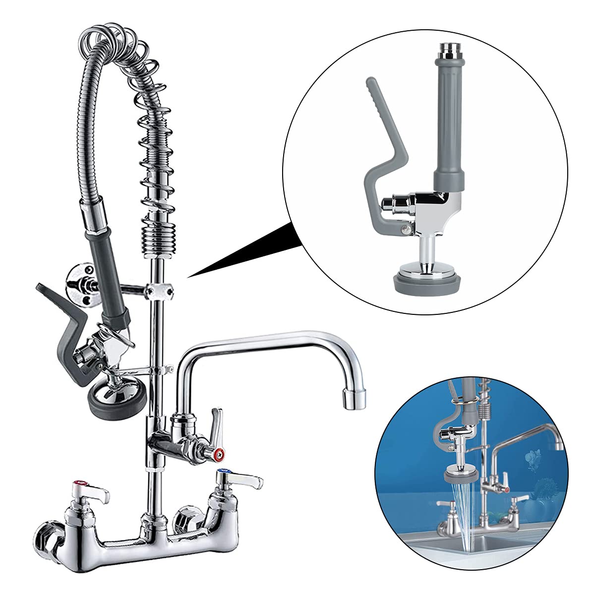 Kollniun Pre Rinse Sprayer Head With Handle Grip Commercial Kitchen Sink Faucet Spray Valve Nozzle 1.42 Gpm High Pressure Dish Spray Face For Restaurant Industrial Dishwasher, Gray