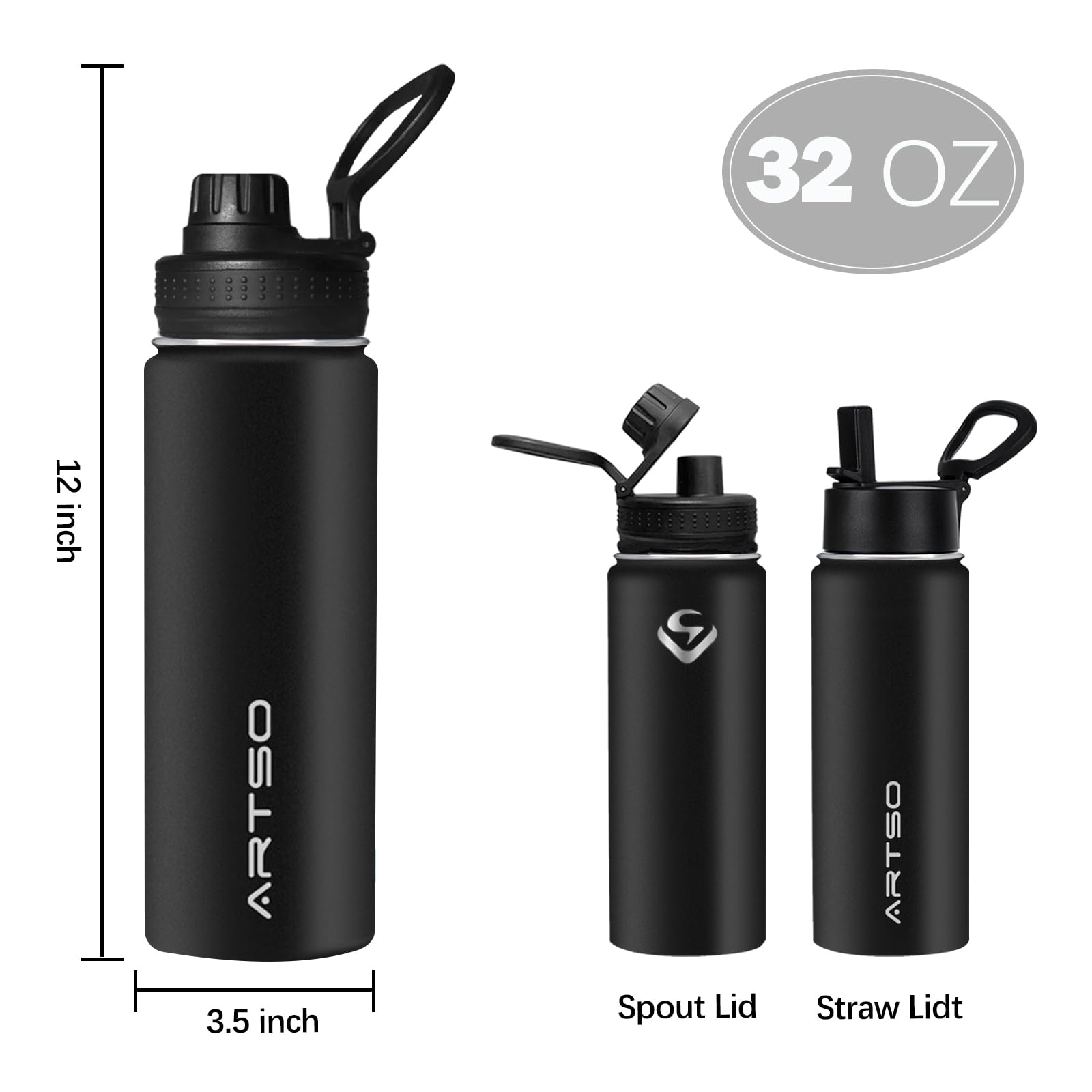 Artso 32 Oz Insulated Water Bottle Stainless Steel Double Walled Vacuum Leak Proof Hot Cold Sports