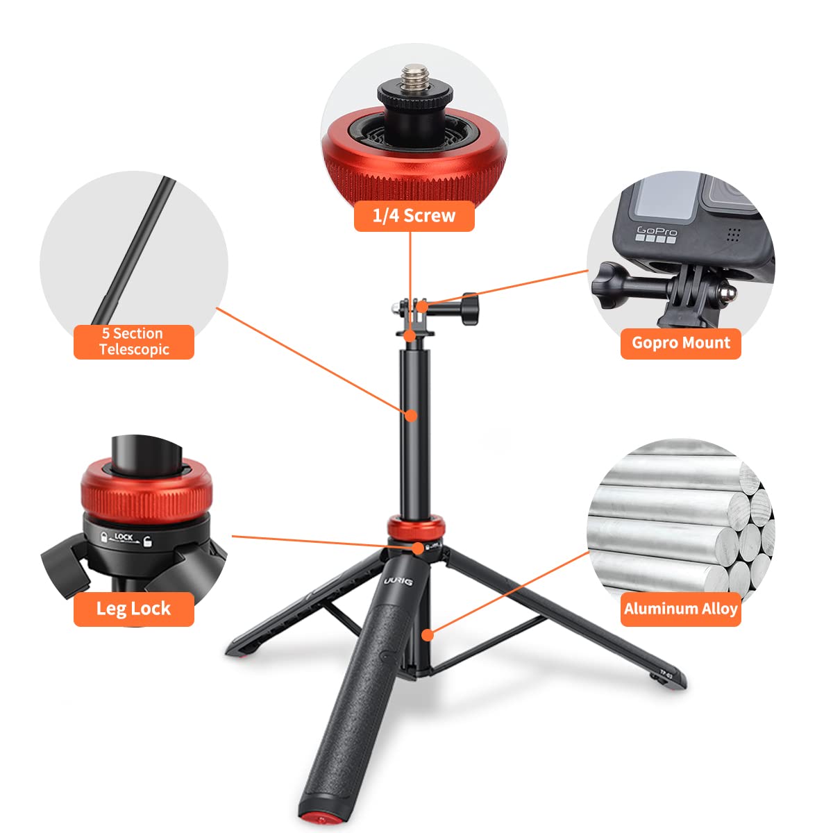 Vrig Select Uurig Telescopic Selfie Stick Long With Tripod, Waterproof Hand Grip, For Insta360 Gopro Hero 10 9 8 7 6 5 4 3 2, Fusion, Max, Session, Akaso, Sjcam, Dji Osmo Gopro