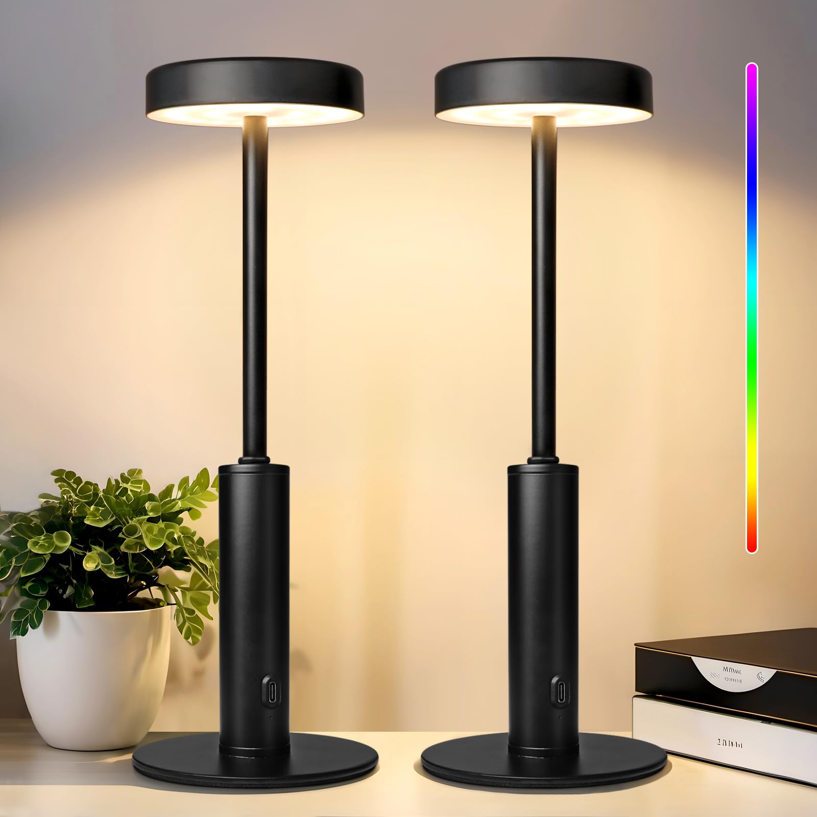 Wowag 2 Pack Small Cordless Table Lamps Rechargeable,5000Mah Battery Operated Portable Desk Lamp,3 Colors & Rgb Stepless Dimmable Wireless Touch Lamps For Restaurant Home Dinner Dining Patio(Black)