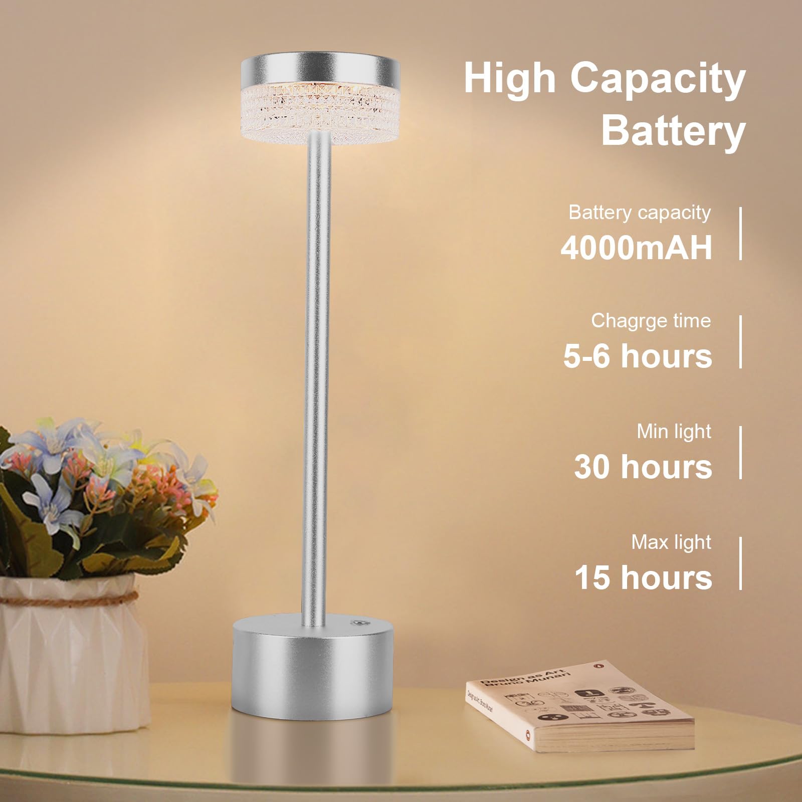 Kiandqu Cordless Modern Table Lamp, Rechargeable Battery Powered Desk Lamp, 3 Color Stepless Dimmable Led Table Lamp With Usb Port, Touch Lamps For Bedrooms Camping Restaurant Home (Sliver)