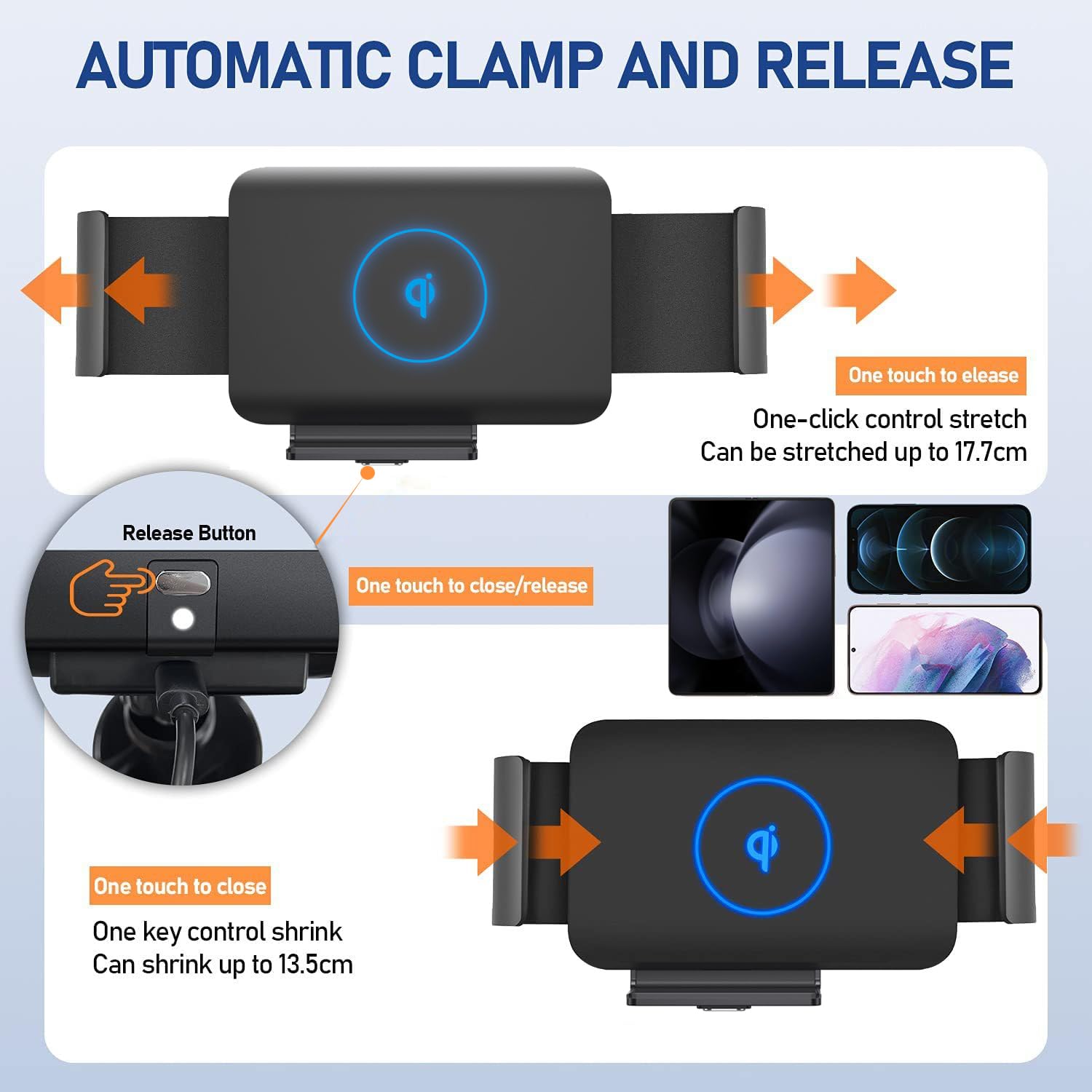 Dearhot 15W Qi Wireless Car Charger Mount Holder Compatible For Samsung Galaxy Z Fold6 Fold5 Fold4 Fold3 Fold2 Fold 4.3In-6.9In Phone Auto Clamp Fast Charger