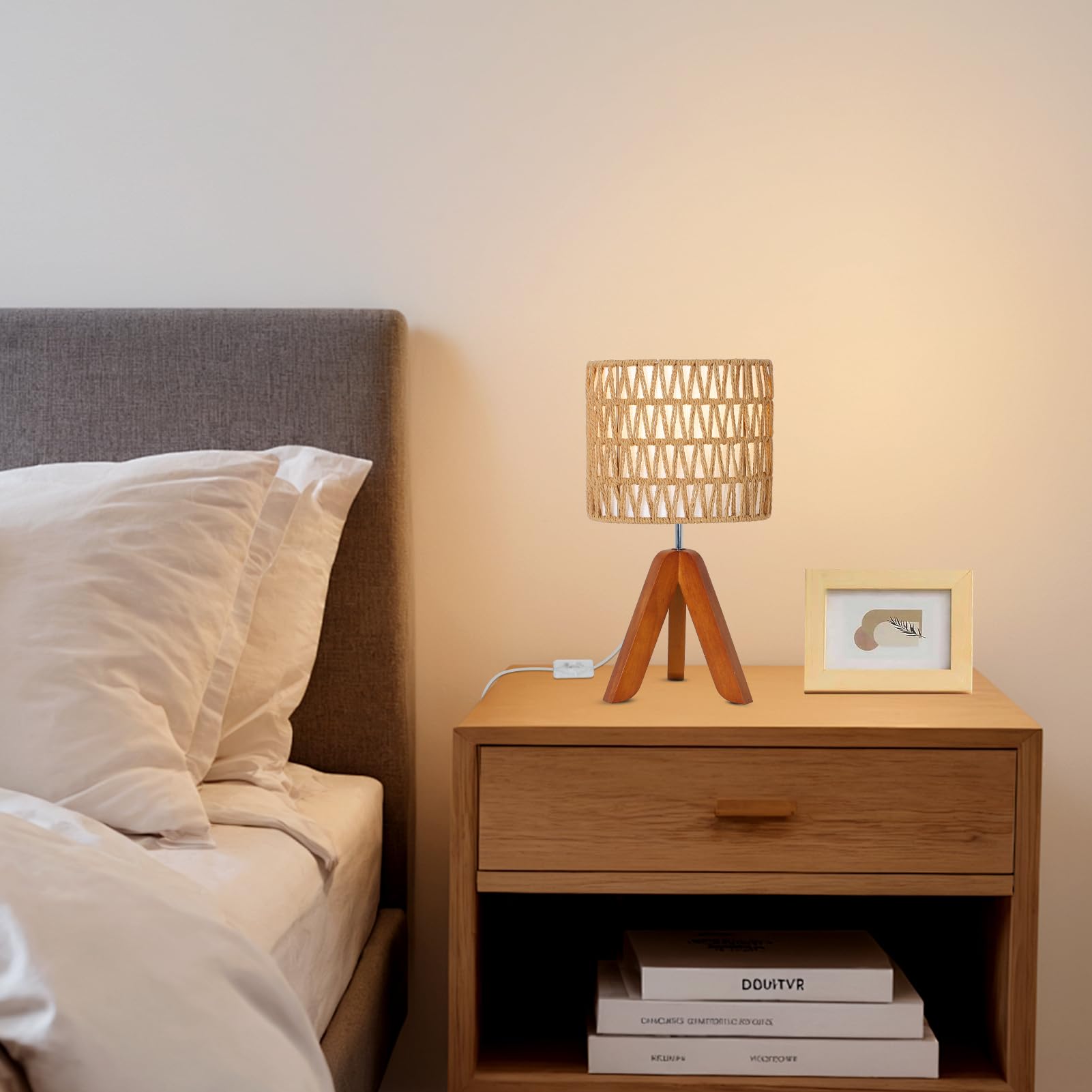 Eayaya Tripod Table Lamp With Bulb, Small Boho Desk Lamp For Bedroom With Rattan Fabric Lampshade, Cute Bedside Lamp For Night Stand, Mini Side Table Lamp For Living Room, Rattan Nightstand Lamp, Tripod Lamp
