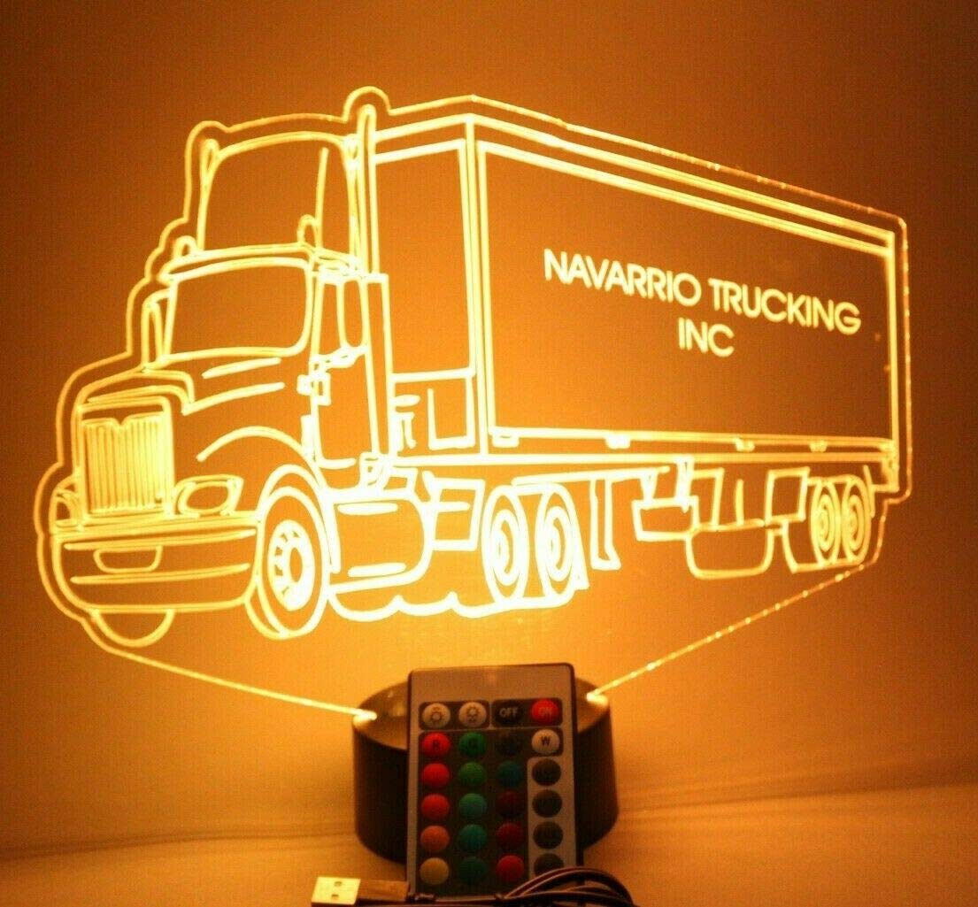 Mirror Mania Tractor Trailer Light Up Lamp Led Personalized Night Light Engraved Trucking Big Rig Trucker 18 Wheeler Truck Table Lamp, 16 Color Changing Options With Remote, Engraved , Made In Usa