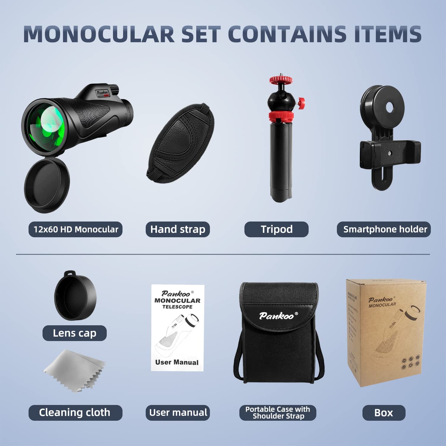 Pankoo 12X60 Monocular Telescope High Powered With Smartphone Adapter Tripod And Portable Bag, Larger Vision Monoculars For Adults With Bak4 Prism & Fmc Lens, Suitable For Bird Watching Hiking Travel