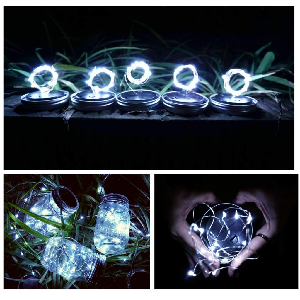 Smilingtown Solar Mason Jar String Light Lids 12 Pack 30 Led Fairy Firefly Inserts Lighting With 12 Hangers Waterproof For Outdoor Tree Patio Lawn Garden Decor, No Jars (Cool White)