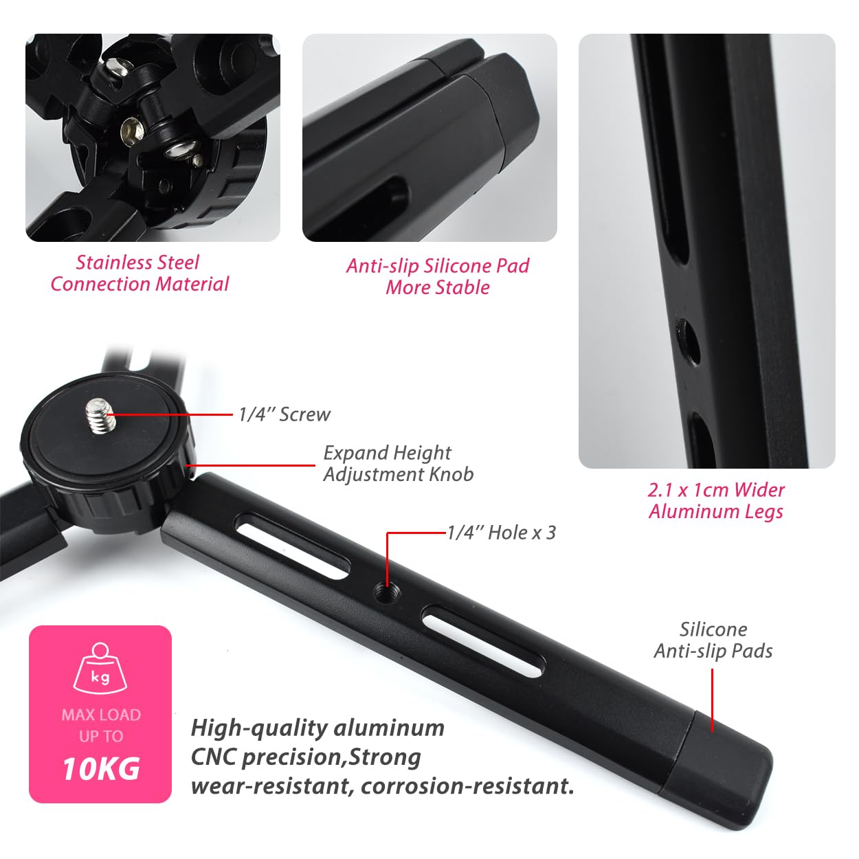 Akeipho Adjustable Aluminum Mini Tripod - Desktop Tabletop Stand For Dslr Cameras, Zhiyun Weebill/Smooth/Crane, Dji Ronin S/Sc/Rsc/Rs, Osmo Mobile, Stabilizer Handle (4-Level Adjustable)