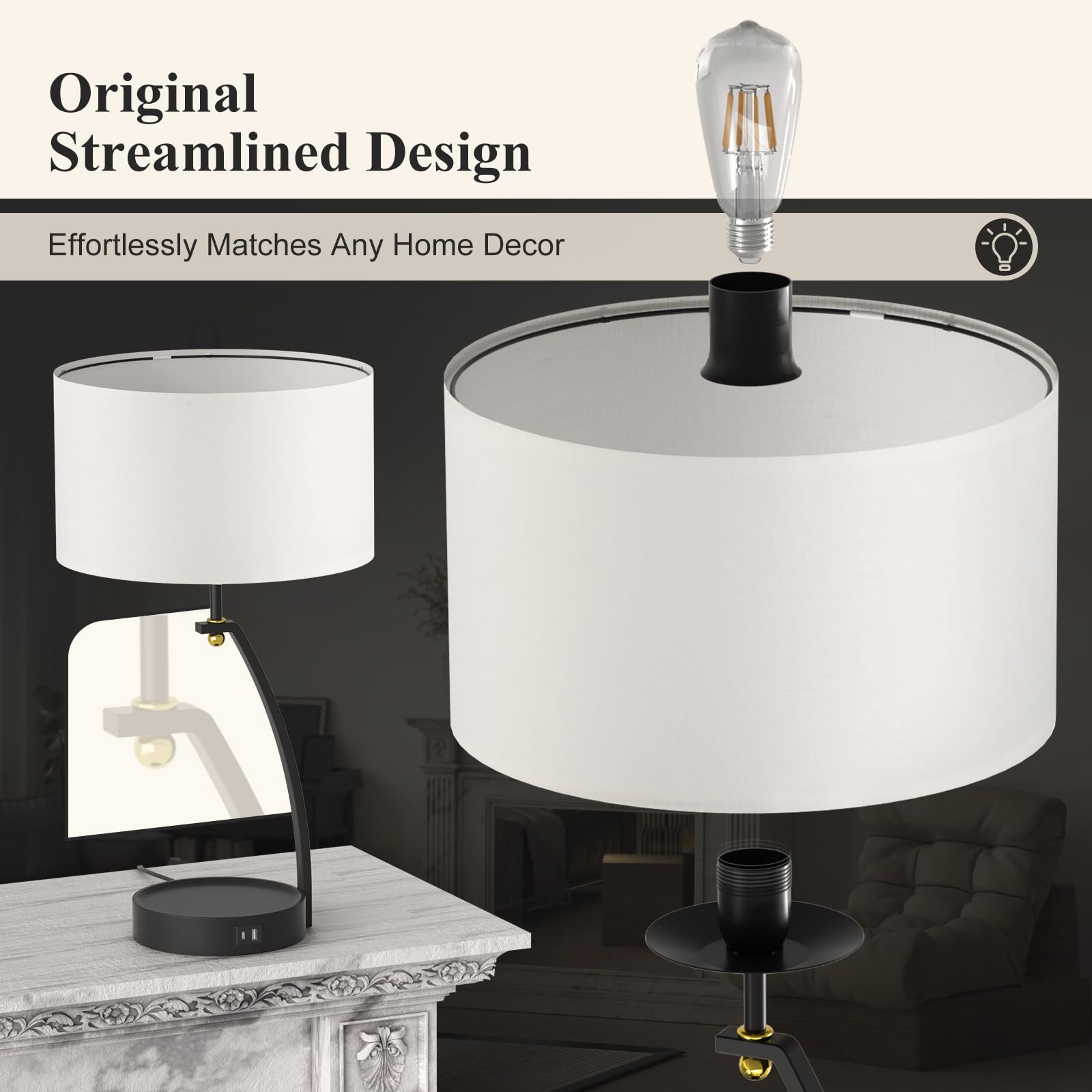 Hymela C07-3 Bedside Table Lamp - 3-Way Dimmable Touch Lamps For Bedroom, Black Nightstand Lamp With Usb C+A Charging Ports, Simple Modern Side Lamps For Living Room, Entryway, Hallway, Bulb Included