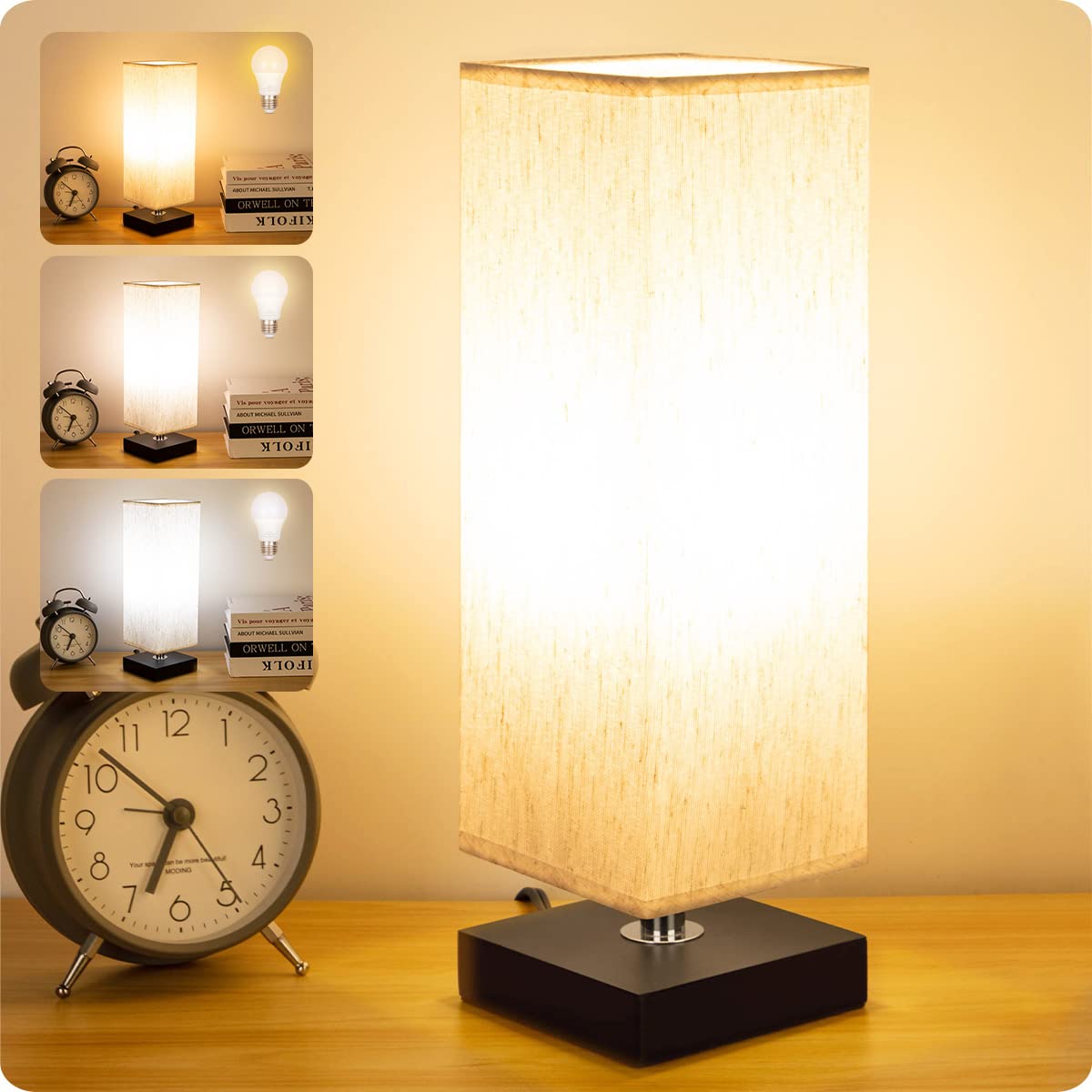 Soilsiu Bedside Small Table Lamp For Nightstand, 3-Color Options Solid Wood Lamp With Fabric Shade, Minimalist Desk Reading Lamps For Kids Room, Living Room,Bedroom, Office Dorm (Led Bulb Included)