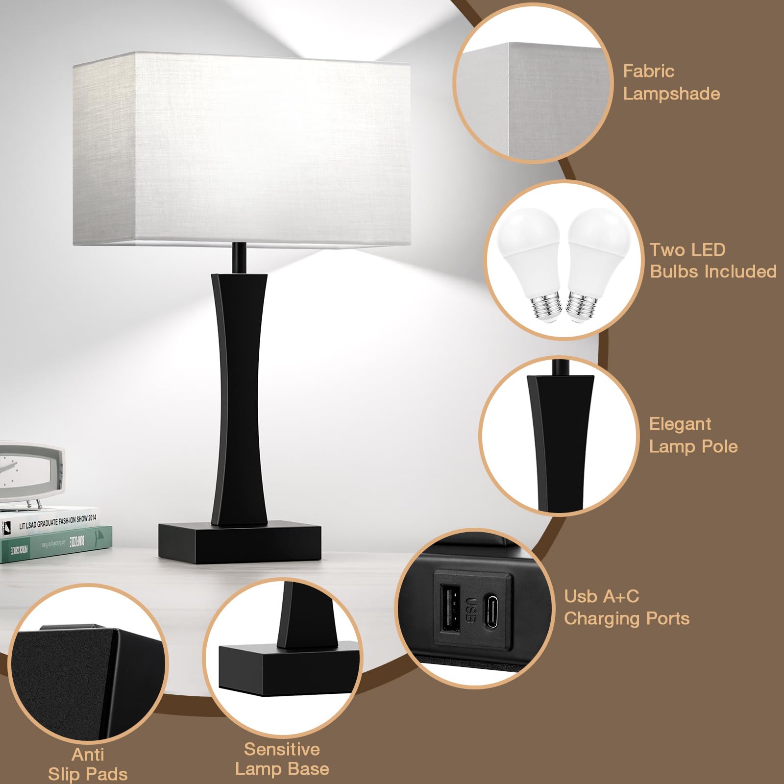 Seealle Bedside Lamps For Night Stands - 3 Way Dimmable Table Lamp For Bedroom With Usb C+A Ports,Modern Bedside Lamps Set Of 2, Touch Lamps For Nightstand Living Room Side Table End Tables(Bulbs Included)