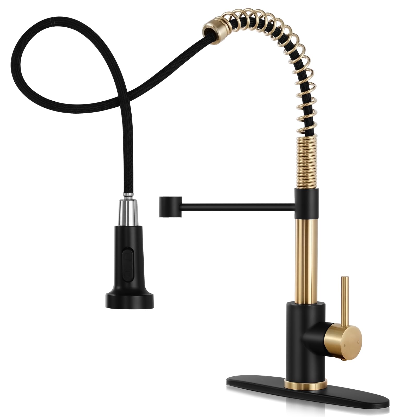 Djs Kitchen Faucets With Pull Down Sprayer Matte Black & Brushed Gold - Single Handle 1 Or 3 Holes Spring Kitchen Sink Faucet With Deck Plate For Farmhouse Rv Vessel Basin