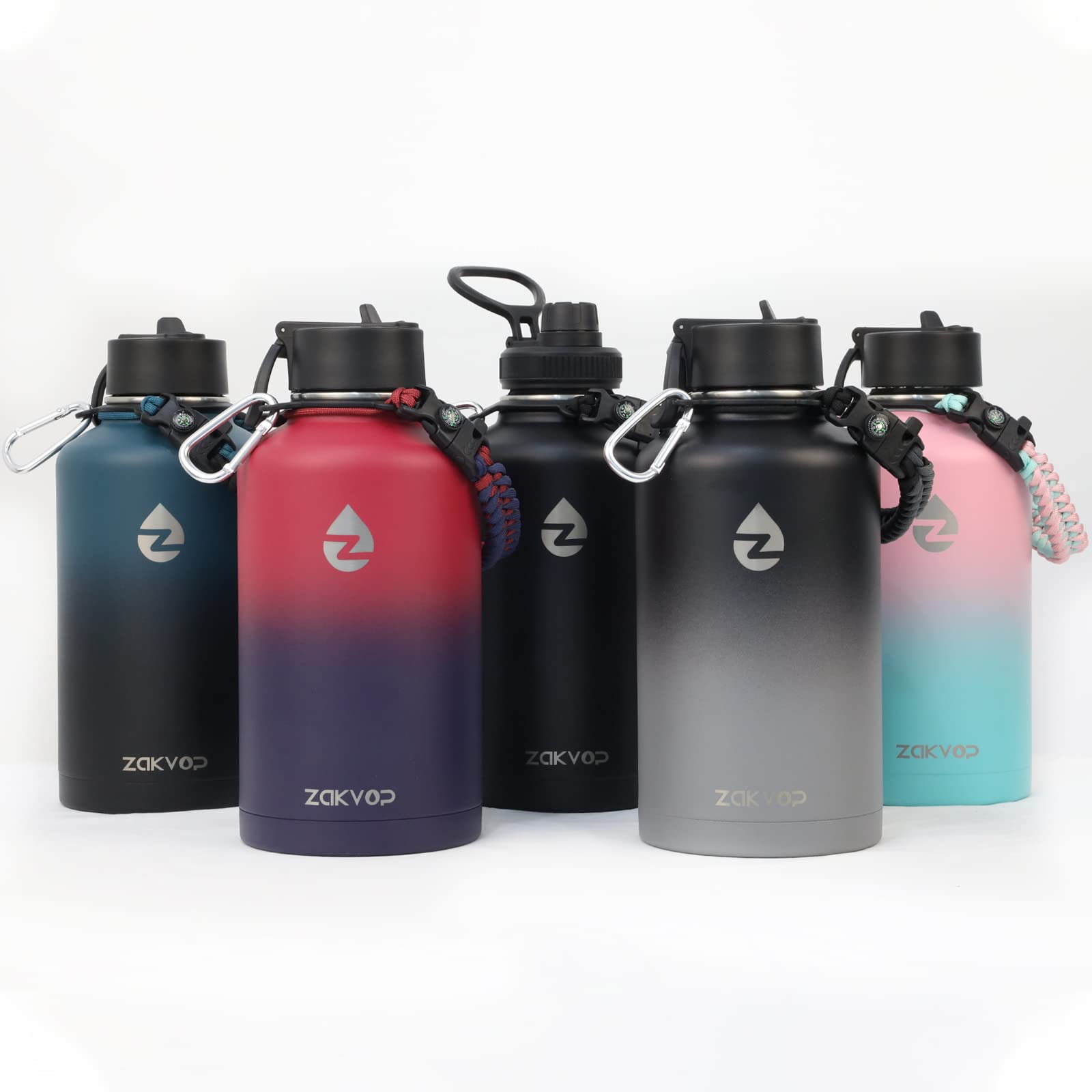 64 Oz Insulated Water Bottle With Straws&3 Lids, Zakvop Half Gallon Water Bottle Stainless Steel