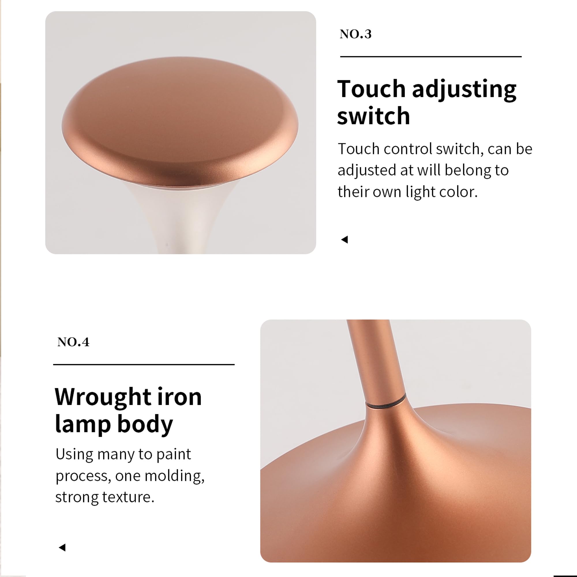 Atvsalf Rechargeable Cordless Touch Lamps,Battery Powered Lamp 3 Level Dimmable Table Lamp In Aluminium 3000K Rose Gold Touch Lamps For Bedroom/Bedside Lamp/Desk-004