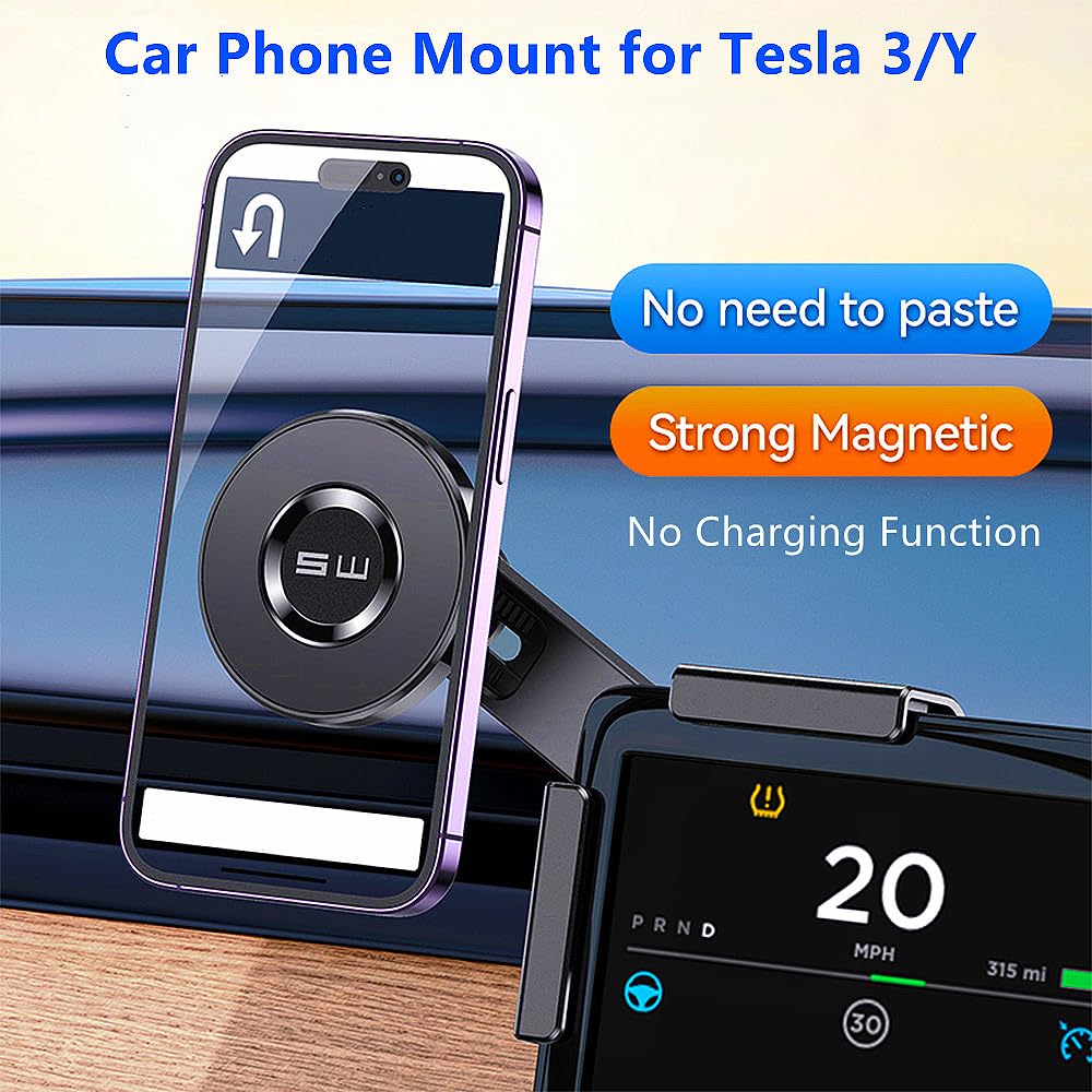 Galeform Magnet Phone Mount For Tesla Model 3/Y Accessories, Tesla Phone Mount For Magsafe Iphone & Android Phones, Strongest Magnetic Power Adjustable Car Phone Holder, With 1Pcs Magnetic Ring