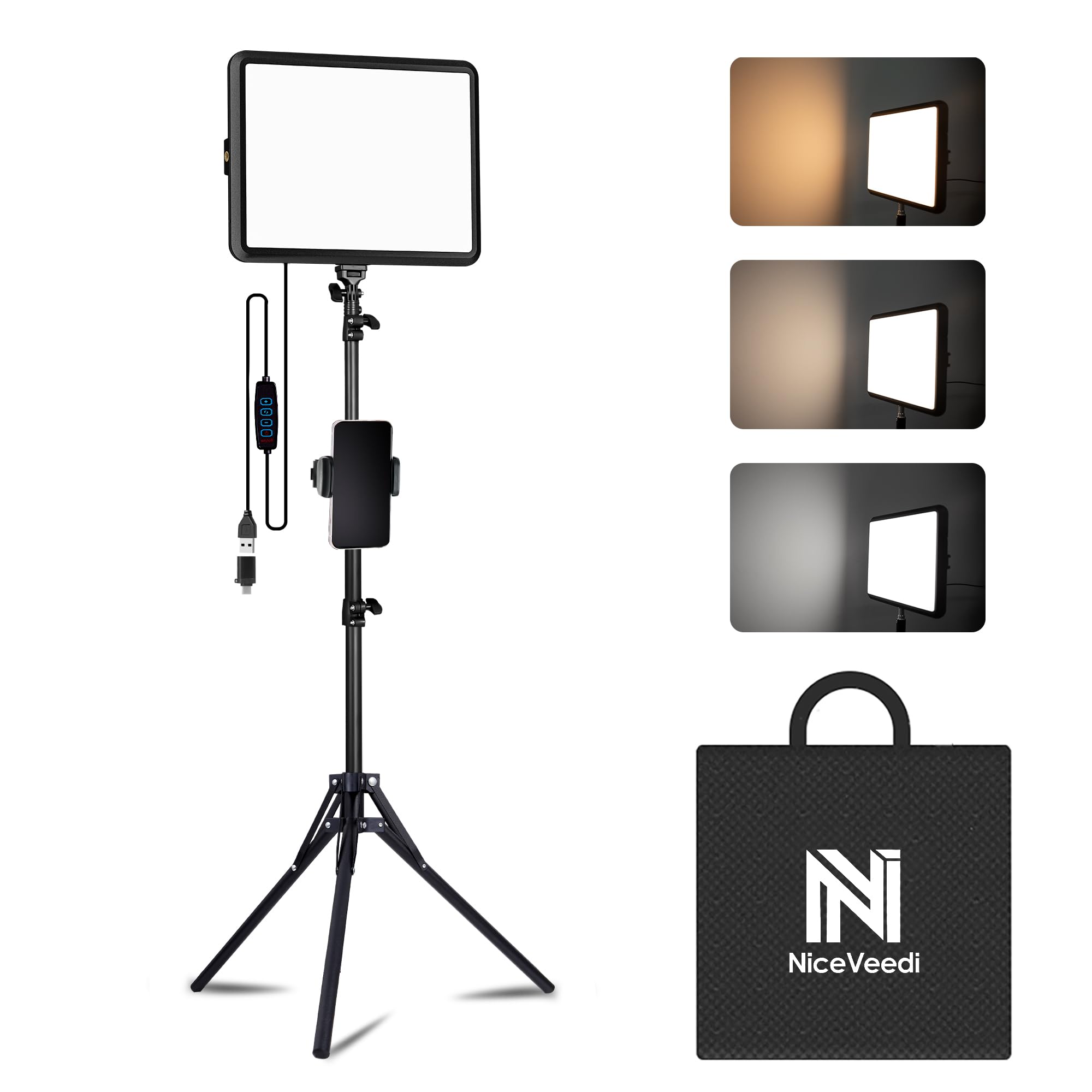 Niceveedi 1-Pack Photography Lighting Kit, 2800-6500K Bi-Color Led Video Light Kit, Dimmable Studio Light With Tripod Stand & Phone Holder, Light For Video Recording, Game Streaming, Youtube