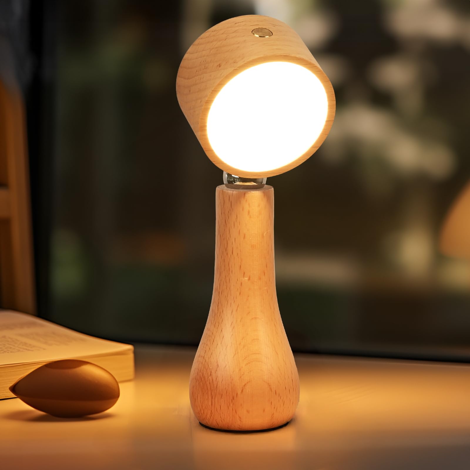Moroommt Wooden Small Bedside Table Lamp, Portable Touch Switch Cordless Lamp, Rechargeable Battery Operated Desk Lamps For Bedrooms, Stepless Dimming, 360° Rotate Magnetic Ball, Night Light For Birthday