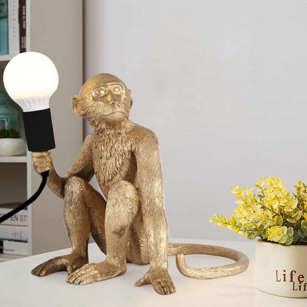Bjtdllx Creative Monkey Table Light, Industrial Table Lighting Fixture Chandelier, Vintage Resin Unique Sitting Monkey Table Lamp Light For Dining Living Room Bedroom Bar Cafe -Gold Table Light