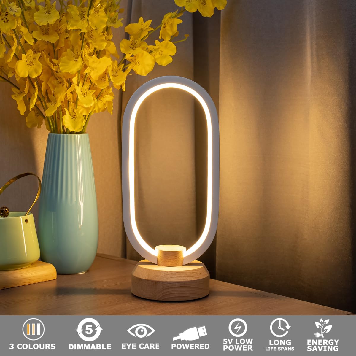 Basrae Bedside Table Lamp Bedroom Modern Oval Nightstand Lamps,Small Led Table Light,Warm White 3 Color Temperatures,Dimmable Lights With Usb Cable,For Home Adult Kids Living Room Lounge Deco Lighting